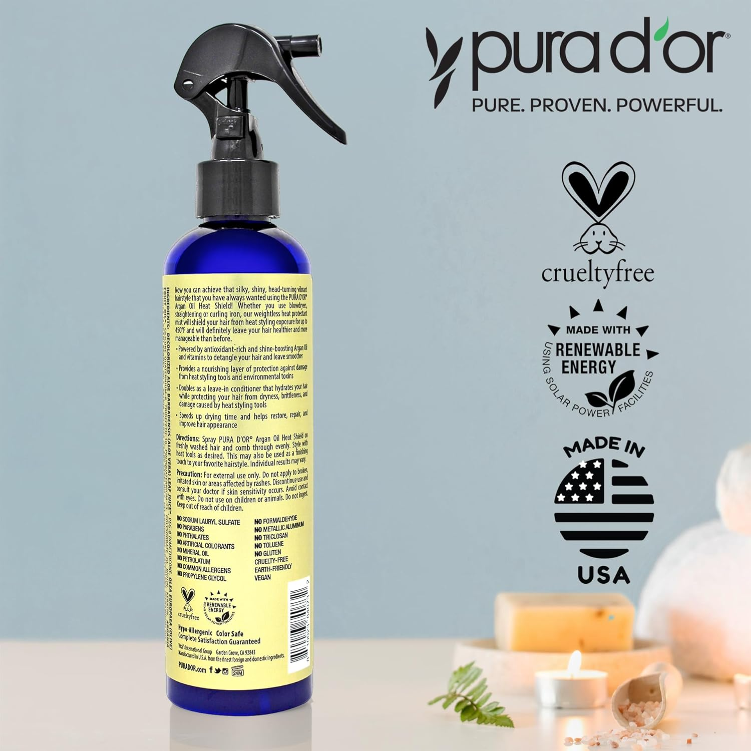PURA D'OR Argan Oil Heat Shield Protectant Spray (8 Fl Oz / 237 Ml) - Infused with Argan Oil & Aloe Vera - Heat Protectant Spray & Leave-In Conditioner for Define & Shine Dry & Damaged Hair