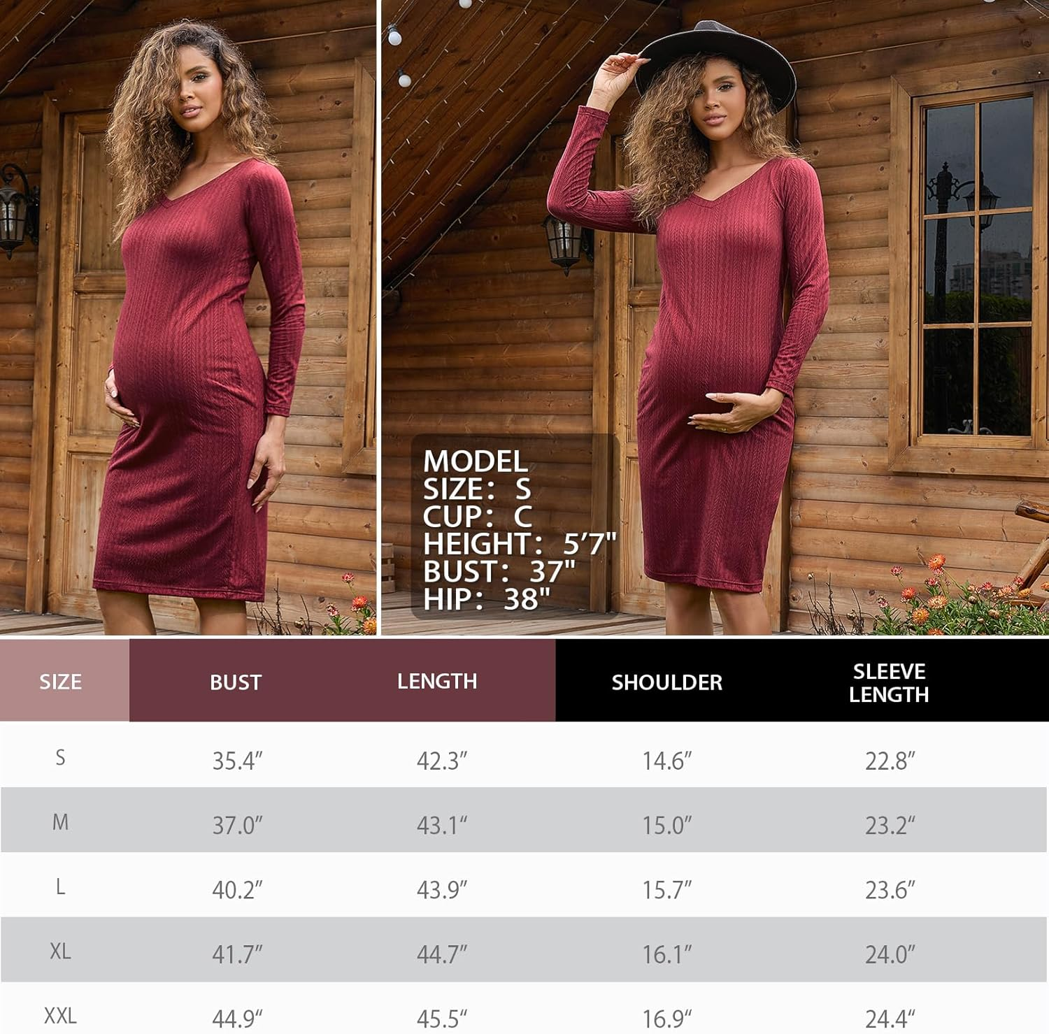 Maternity Dress Long Sleeve V Neck Knit Ribbed Maternity Sweater Dress Bodycon Mid Pregnancy Dress for Photoshoot Baby Shower image number 5