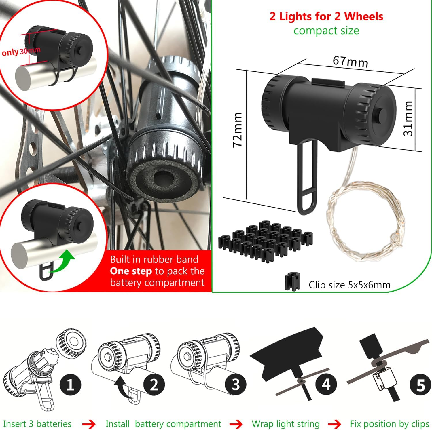 Reelau 2 Pack Bike Wheel Light with AAA Batteries, Waterproof Bright Colorful LED Light String for Bike Spoke, 2 Lights for 2 Wheels Fit 18-29" Bicycle Wheel Lights for Mountainbike/Ebike with Spokes image number 3
