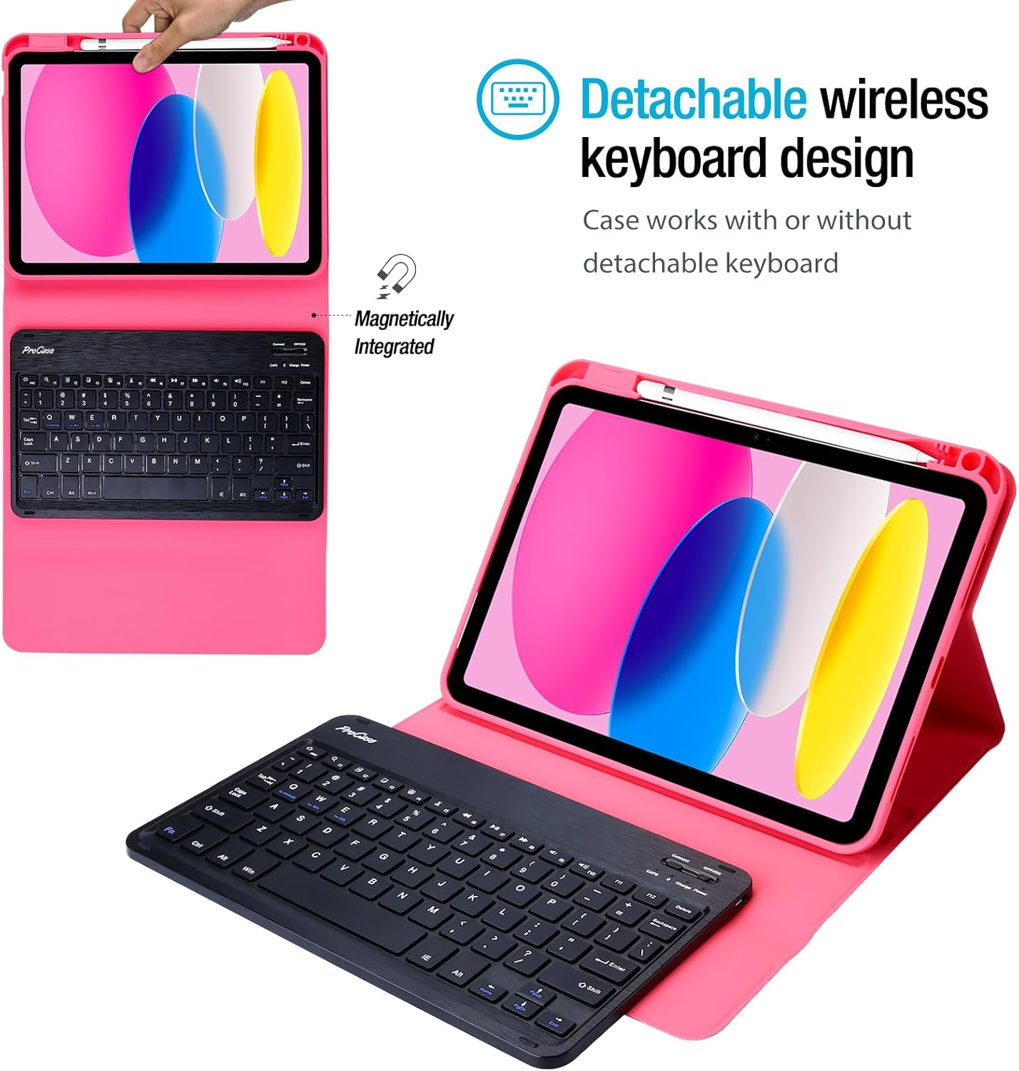 Procase for Ipad 11Th (A16) 11-Inch 2025 / 10Th Generation Case with Keyboard 10.9 Inch 2022, PU Leather Case with Magnetically Detachable Wireless Keyboard -Pink
