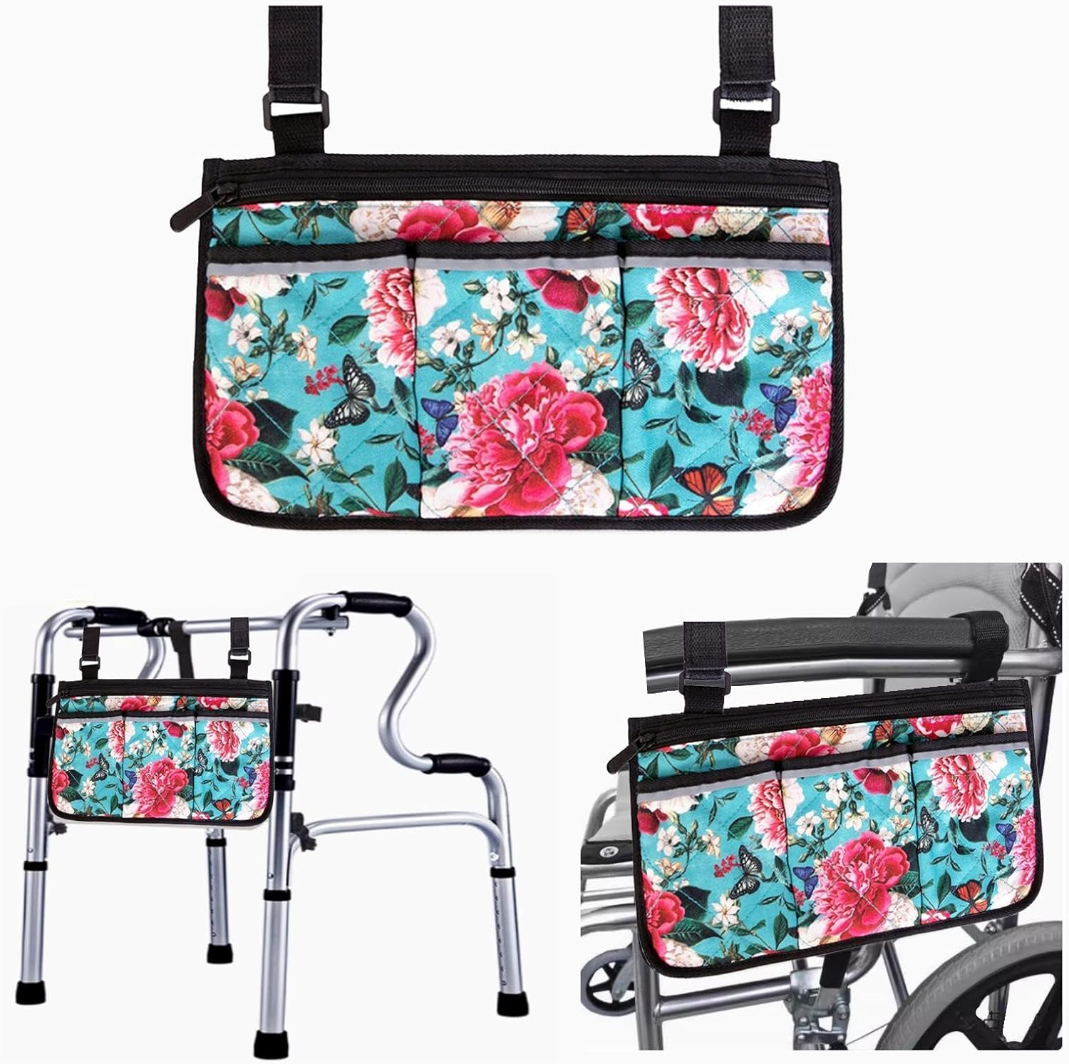 Printed Wheelchair Bags to Hang on Side-Walker Bags and Pouches-Pouch for Walkers for Seniors-Bag for Walkers for Seniors with Pockets-Wheelchair Side Bags for the Armrest-Wheelchair Accessories Bags image number 1