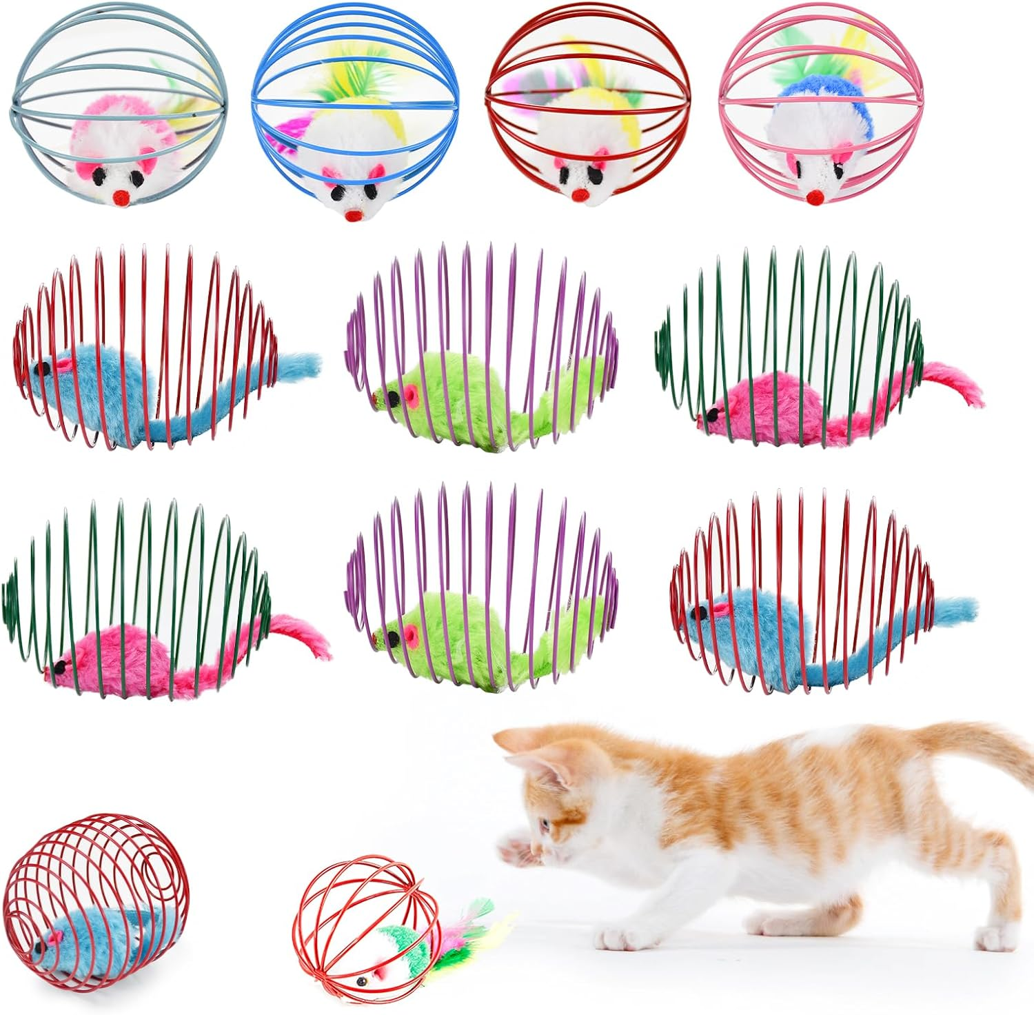 Cooshou Cat Interactive Bouncy Toy Balls Set Metal Cage Balls with Mice Spring Toy Balls for Cats Kittens Colorful Cat Teaser Ball with Mouse for Indoor Cats (10 PCS) image number 2