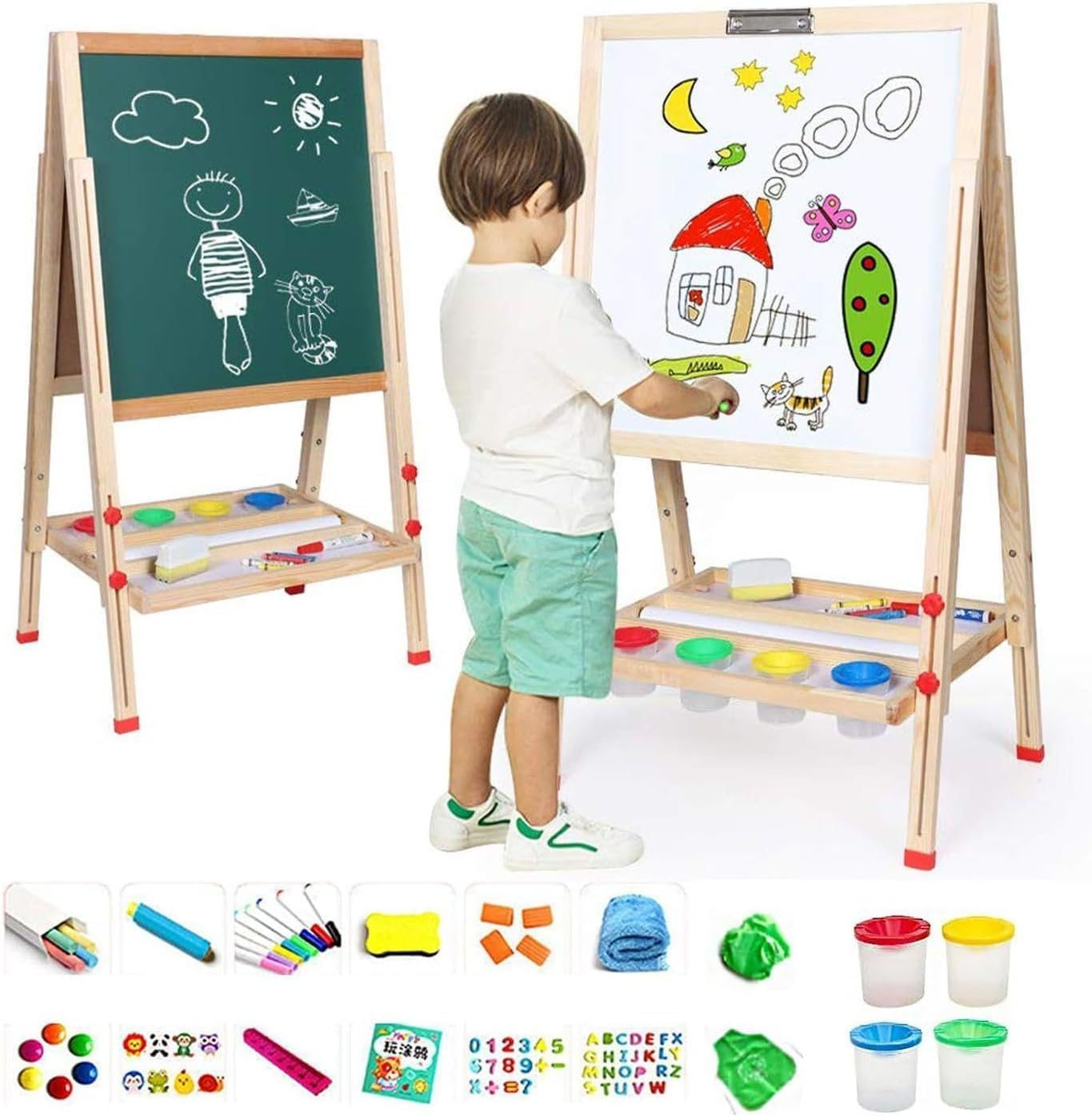 Wooden Art Easel for Kids, Double Sided Kids Easel with Whiteboard & Chalkboard, Height Adjustable Drawing Stand Kit for Kids with Painting Accessories, Education Supplies for Boys and Girl image number 1