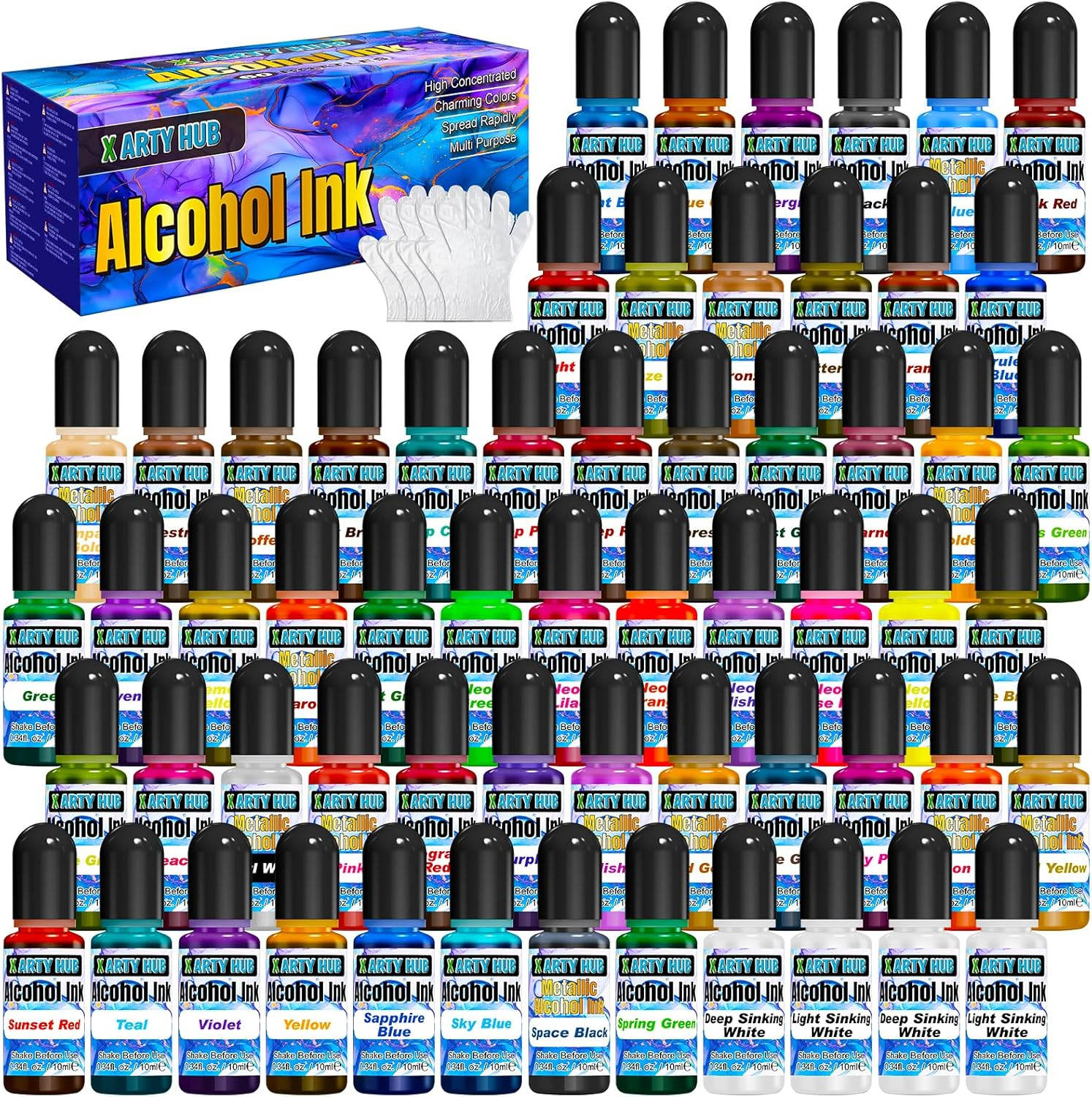 X ARTY HUB Alcohol Ink Set - 60 Bottles Vivid Alcohol-Based Colors, Concentrated Epoxy Resin Paint for Tumbler Creation, Resin Art Dye and Acrylic Painting, 0.34 Fl Oz Each image number 6