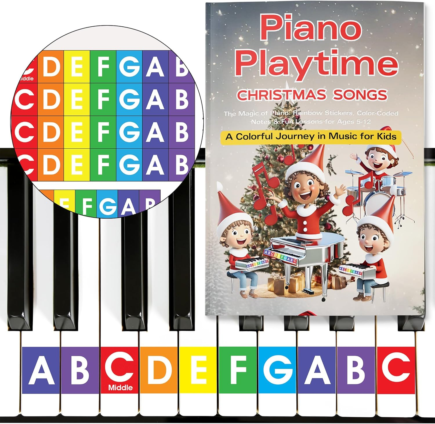 QMG Piano Playtime Christmas Beginner Piano Book for Children and Rainbow Color Piano and Keyboard Stickers image number 3