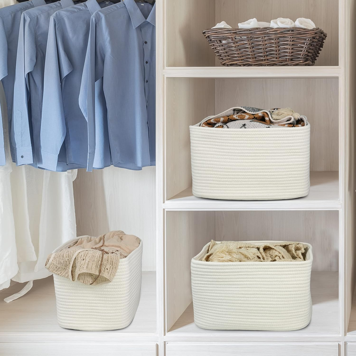 Cotton Rope Storage Basket Bins Woven Basket Organizing Shelves Rectangle Decor Storage Clothes Toy Book Towels Square Wicker Nursery Basket Organizer 3Pack White LBG-0001 14.5''X9.5''X9.3'' - Blue And White image number 2