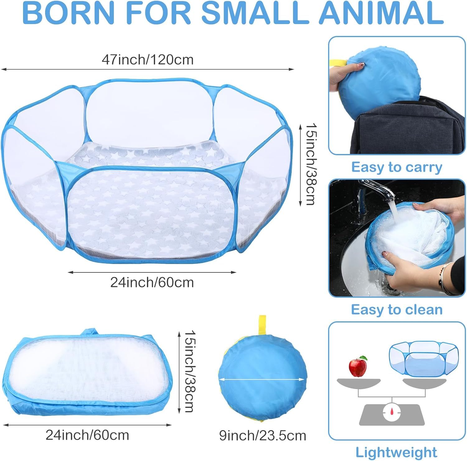 Vitalcozy Hamster Playpen with Mat Small Animal Cage Tent Breathable Transparent Guinea Pig Playpen Waterproof Portable Yard Fence Mat Foldable Exercise Playpen Outdoor Indoor (Blue,Star) image number 6