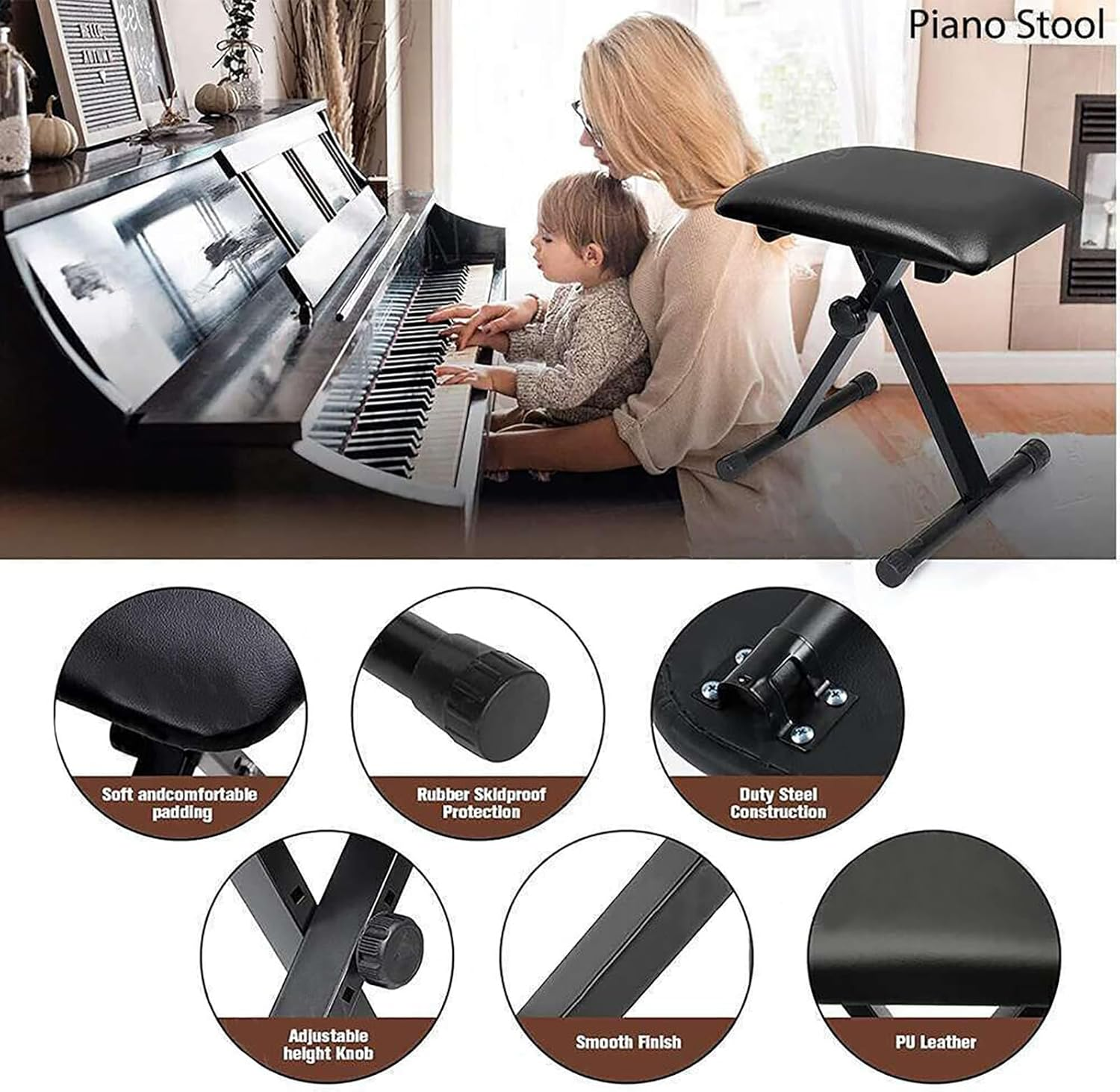 Provecta Adjustable Music Keyboard Stand & Piano Stool X-Shaped Bench Seat Set image number 4