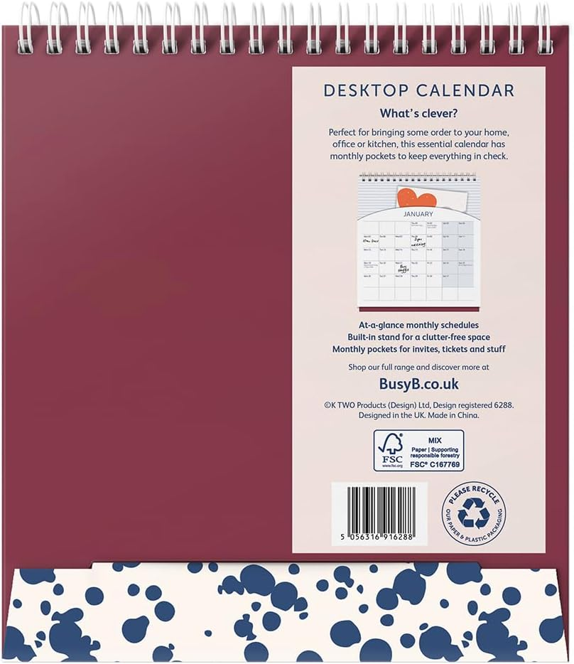 Busy B 2026 Desk Calendar &ndash; Jan to Dec, Navy Spray 2026 Calendar with Built-In Stand & Flip-Top Binding Dessk Calendar for Office or Home - Year Planner with Pockets for Organised Planning