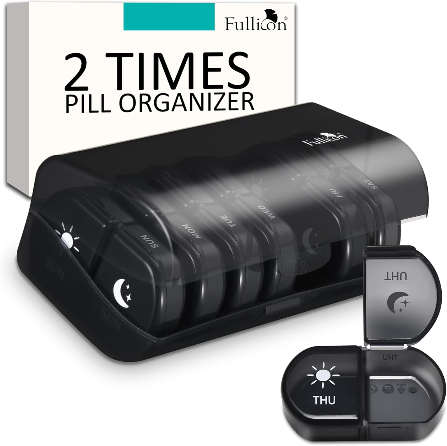 Fullicon Large Pill Organiser 2 Times a Day, Easy to Use Weekly Daily Pill Box, Secure AM PM Medicine Organiser, Durable Pill Container Case, Portable Travel Tablet Organizer (Clear Rainbow)