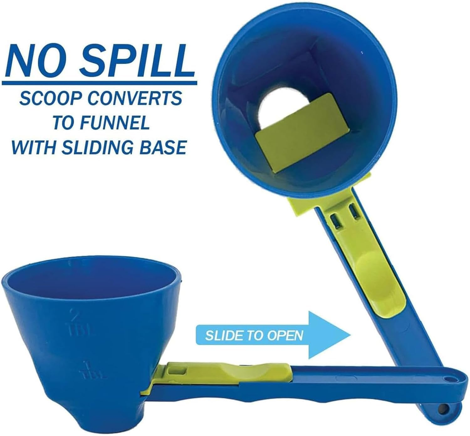 2 PCS Funnel Scoop for Gym,Protein Powder Funnel Spoon,Sliding Measuring Scoop with Funnel,Spill-Proof Funnel Scooper with Silding Base with Long Handle， 2 in 1 Measuring Slide Scoop (Blue ，Green) image number 1