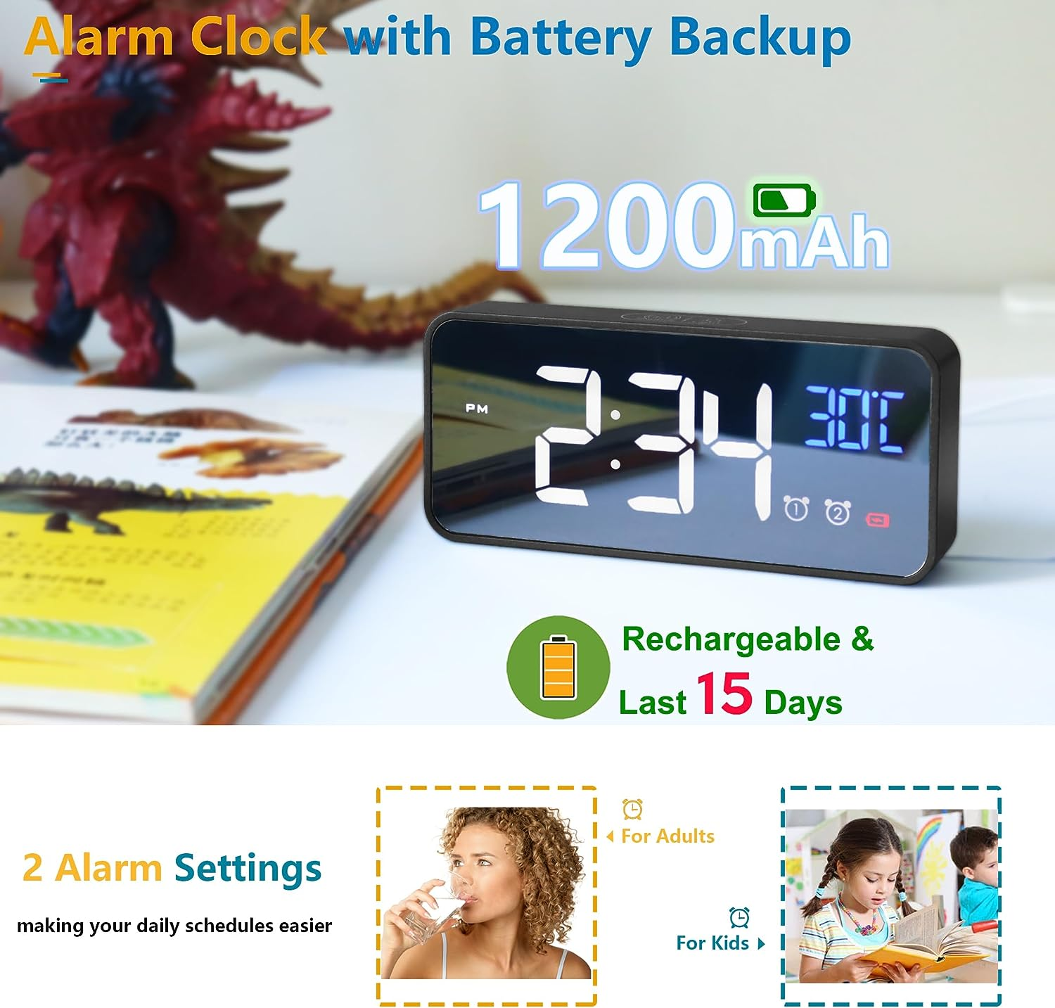 【2026 Upgraded】Digital Alarm Clock with Large Led Temperature Display, Portable Alarm Clock Digital, Snooze Time, Four-Level Adjustable Brightness Dimmer, 13 Music USB Charging Ports for Table Bedroom - 8808-White image number 6