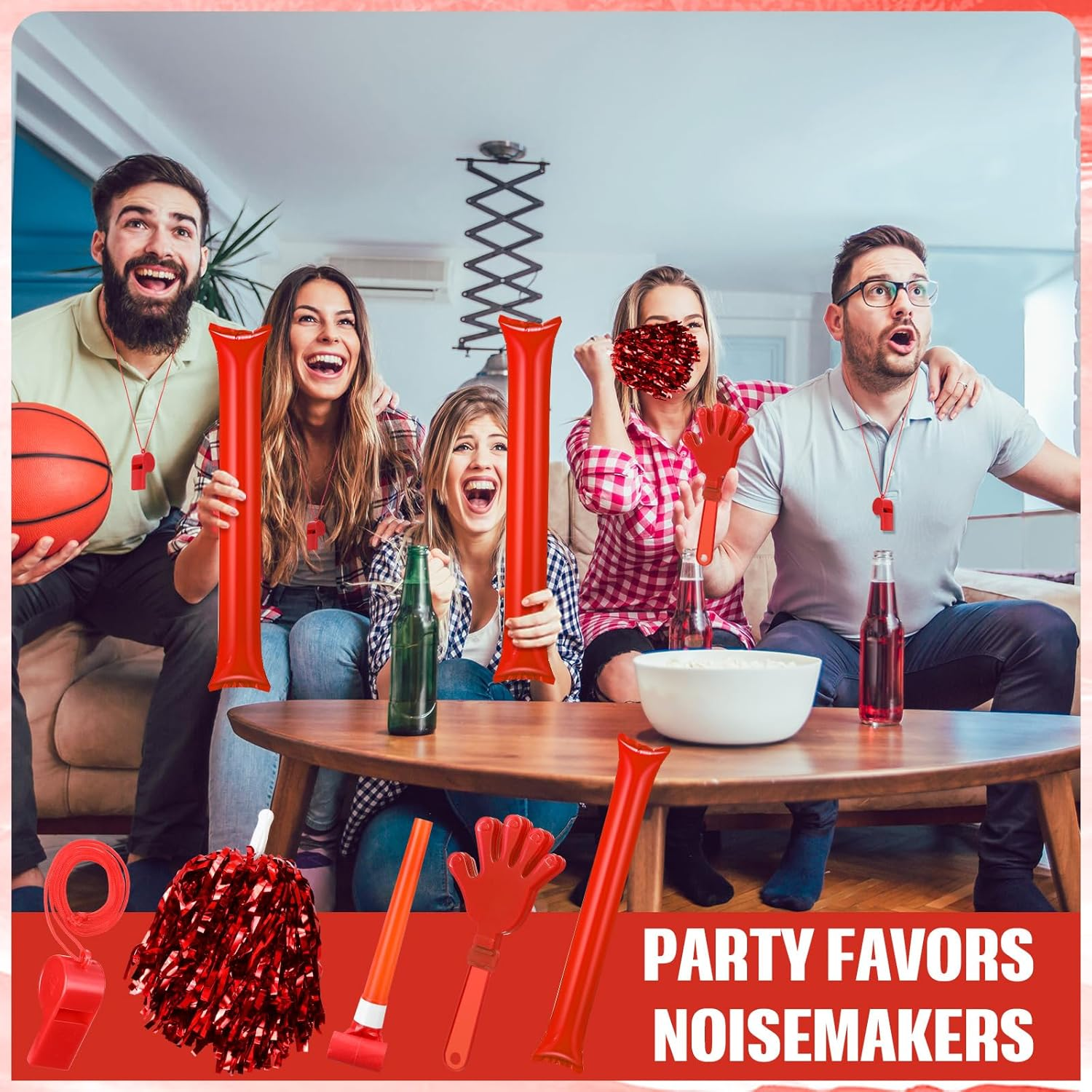 48 Pcs Cheerleading Pom Poms Thunder Sticks Hand Clappers Plastic Whistles with Lanyards Squawker Horns image number 2