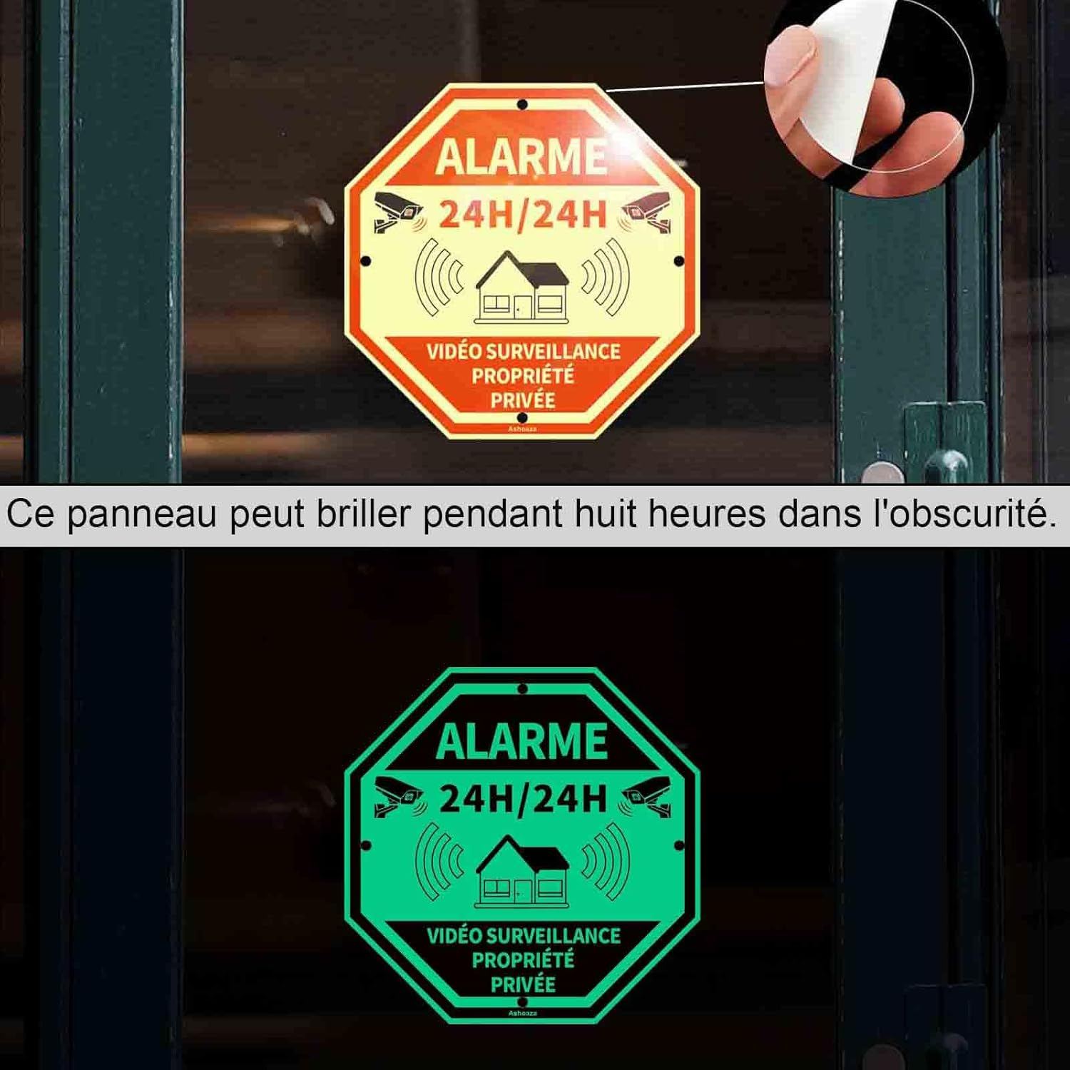 Fr-French Private Property Phosphorescent Aluminium 3 Security Alarms with CCTV Self Adhesive Video Surveillance Signs for Home Alarms Octagonal 15 X 15 Cm image number 4