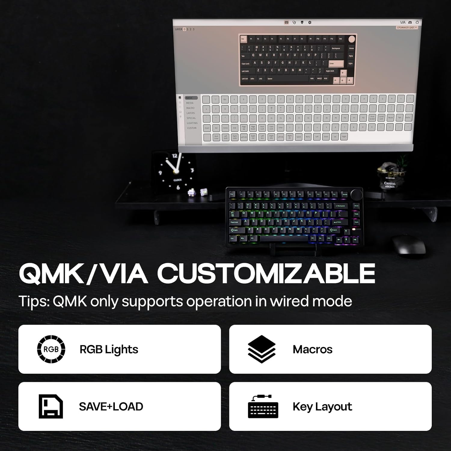 EPOMAKER QK81 75% Wireless Mechanical Gaming Keyboard, QMK/VIA Programmable and Hot-Swappable, 81 Keys with Metal Knob, 2.4Ghz/Bt/Usb, Creamy Gasket-Mount, RGB Backlight (Black, Wisteria Switch) image number 1