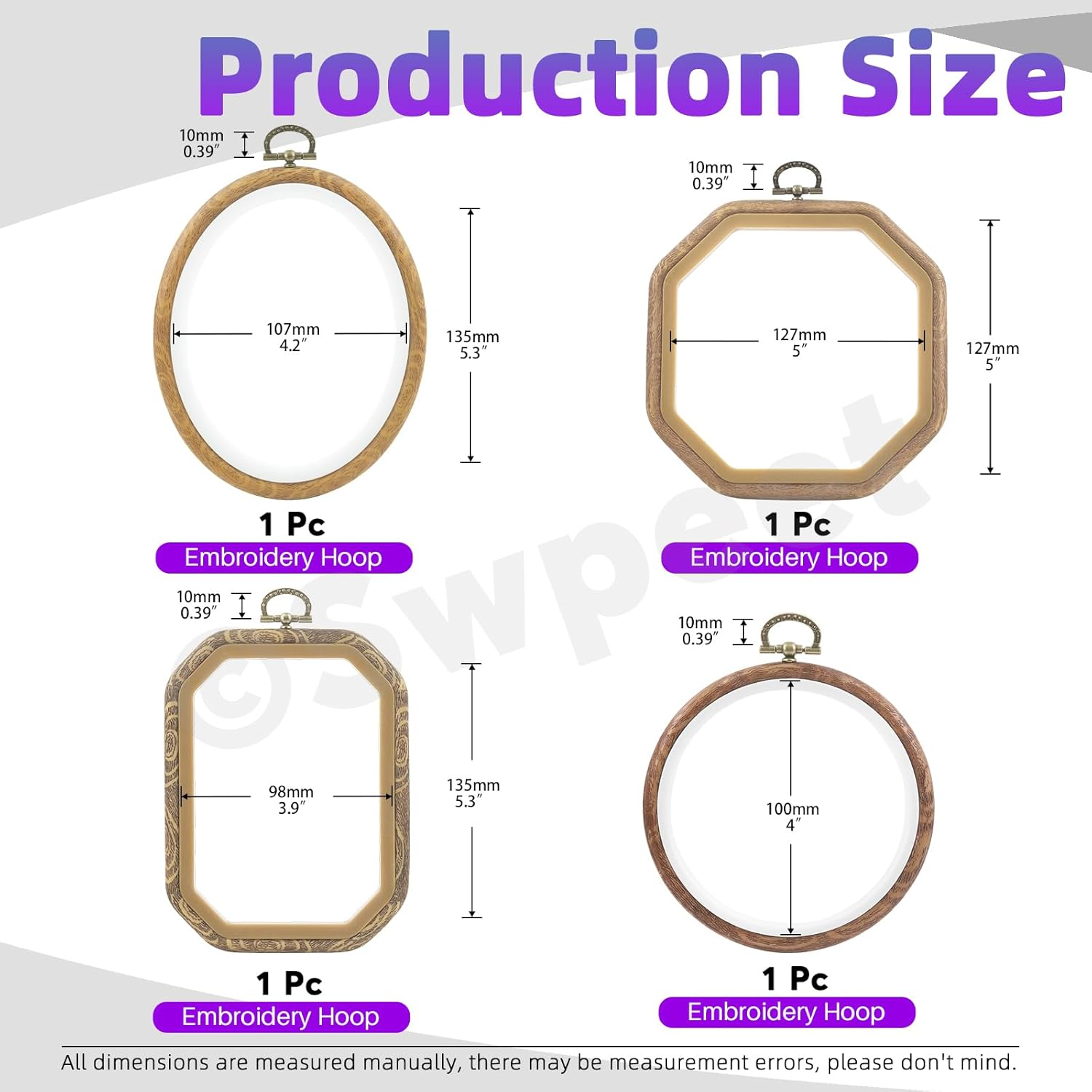 Swpeet 4Pcs 4 Sizes Circle Oval Rectangular Octagonal Embroidery Hoops Kit, Imitated Wood Plastic Display Frame, Cross Stitch Hoop Ring for Art Craft Sewing and Hanging Ornaments Home Decor image number 2