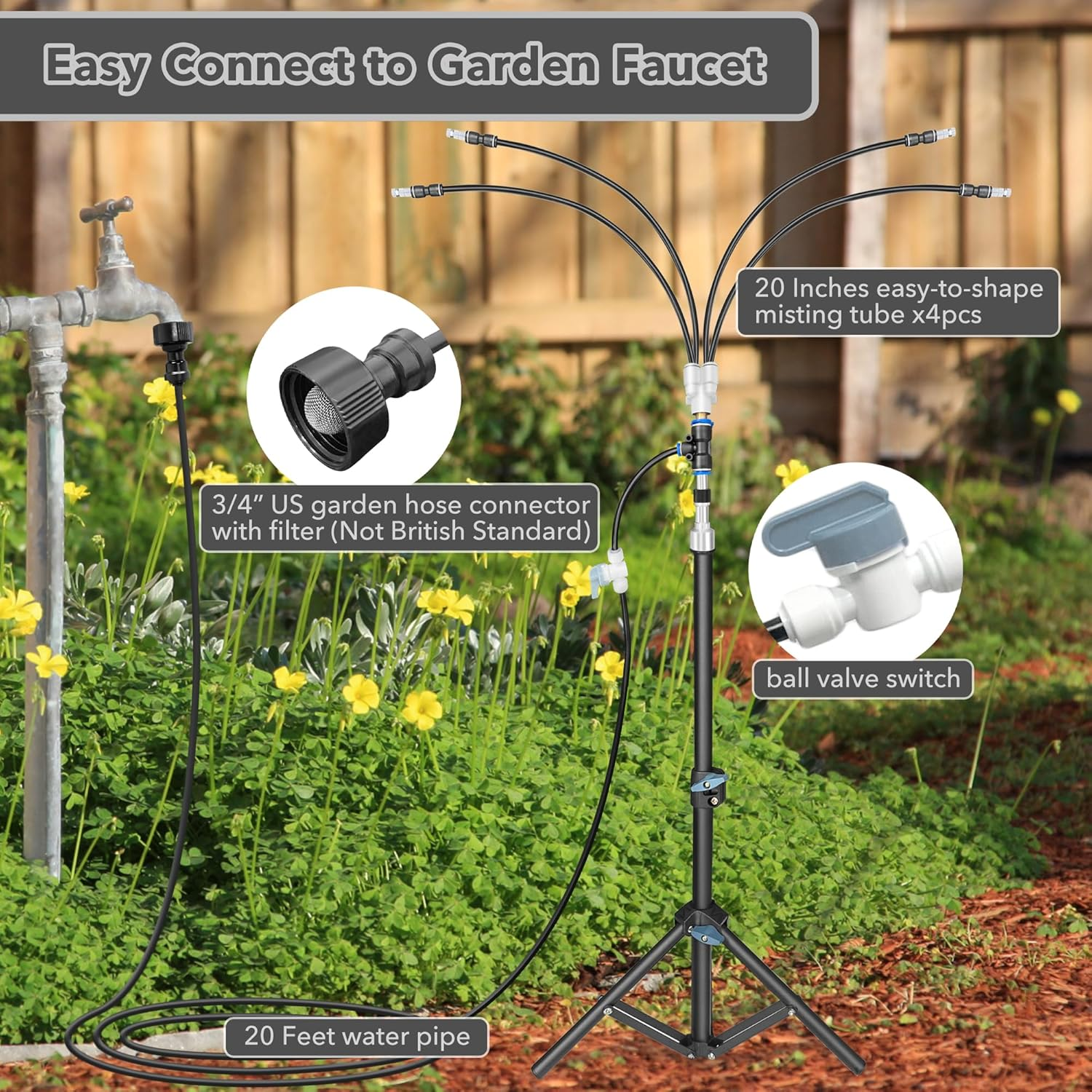 High Standing Misting System for Patio, 4-Way Misters for outside Patio, Versatile Misting Cooling System