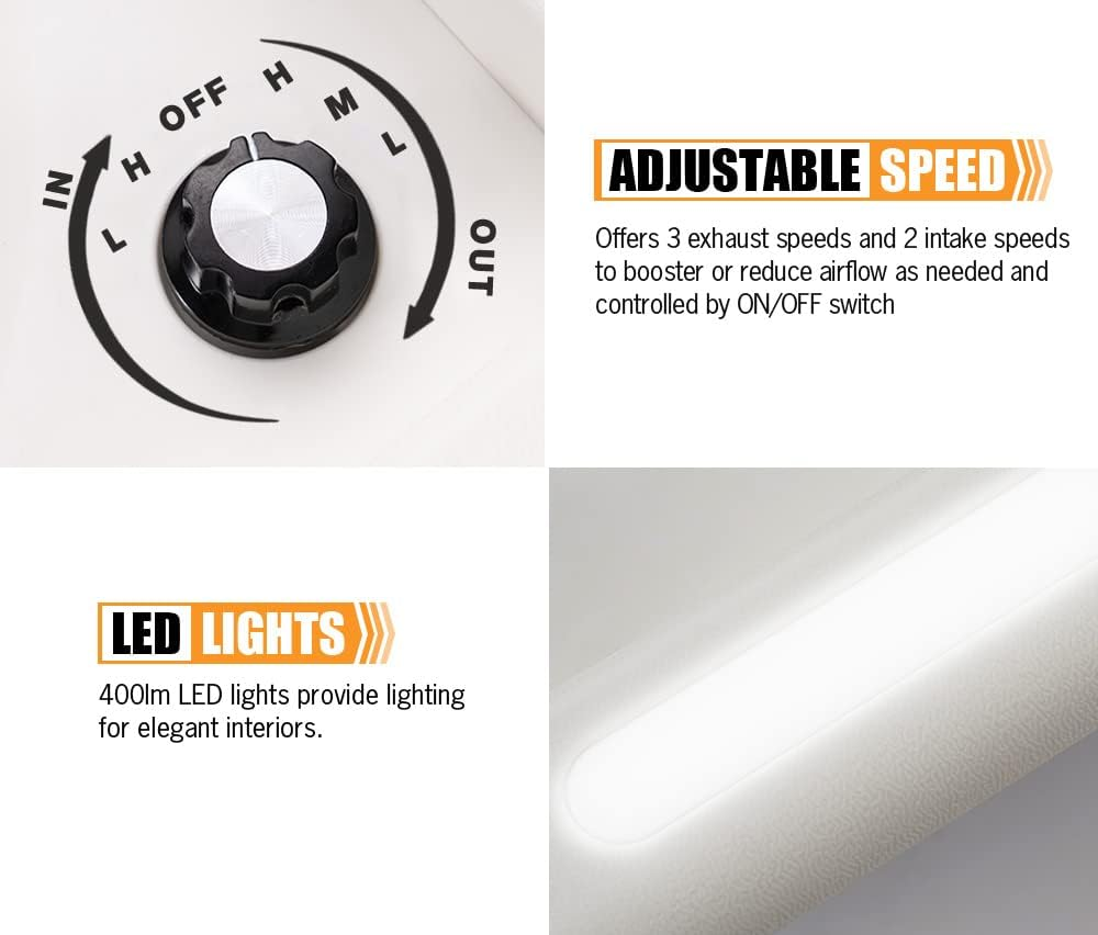 SAN HIMA RV Roof Vent with LED Lights- 2 Speed Intake & 3 Speed Exhaust with Black Lid Insert Net Ultra Quiet 12V Air Ventilation Fan for RV Caravan Camper, 280Mm X 280Mm image number 6