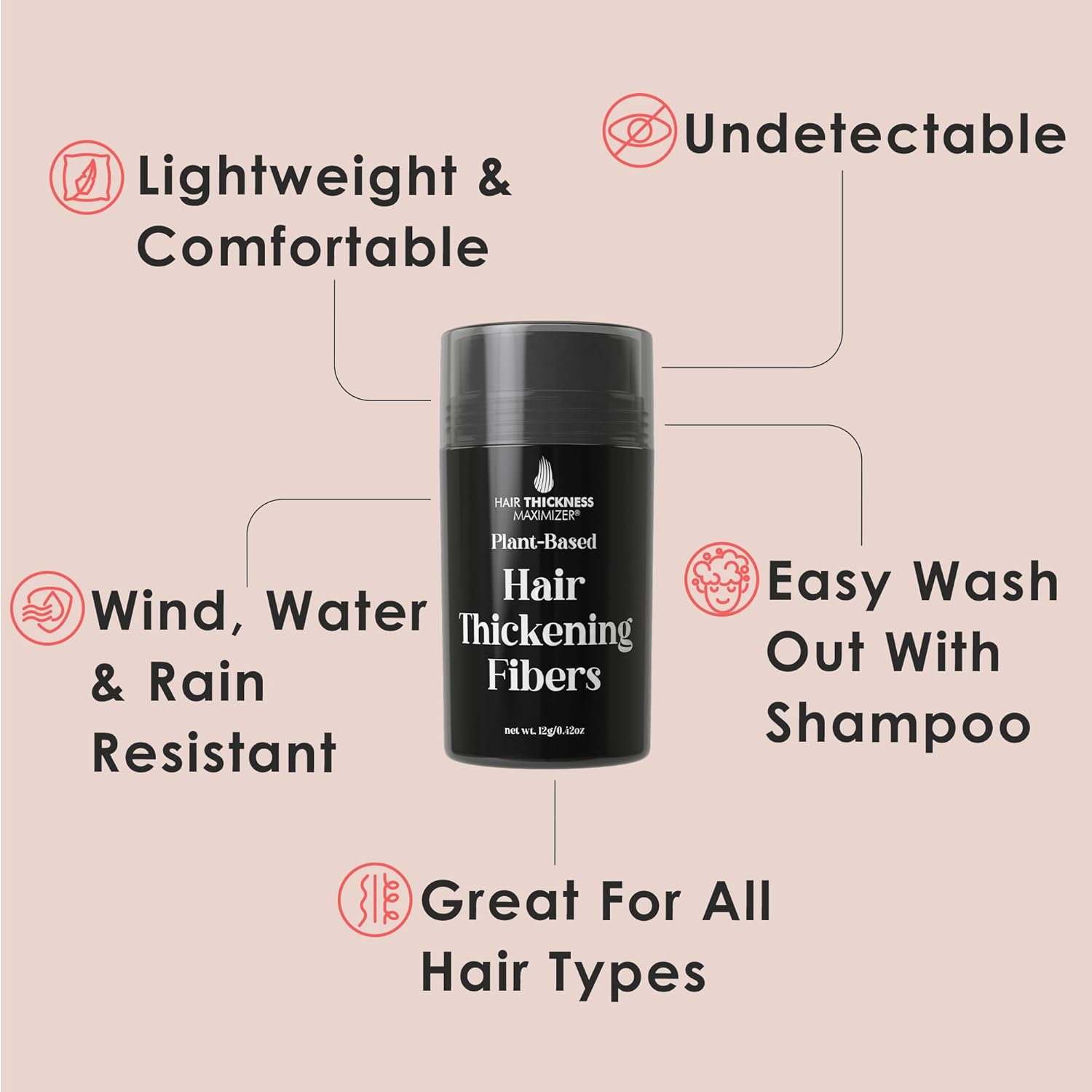 Hair Thickness Maximizer 2.0 - Safer than Keratin Hair Building Fibers with 2Nd Gen All Natural Plant Based Hair Loss Concealing Fillers for Instant Thickening of Thinning or Balding Hair (Black)