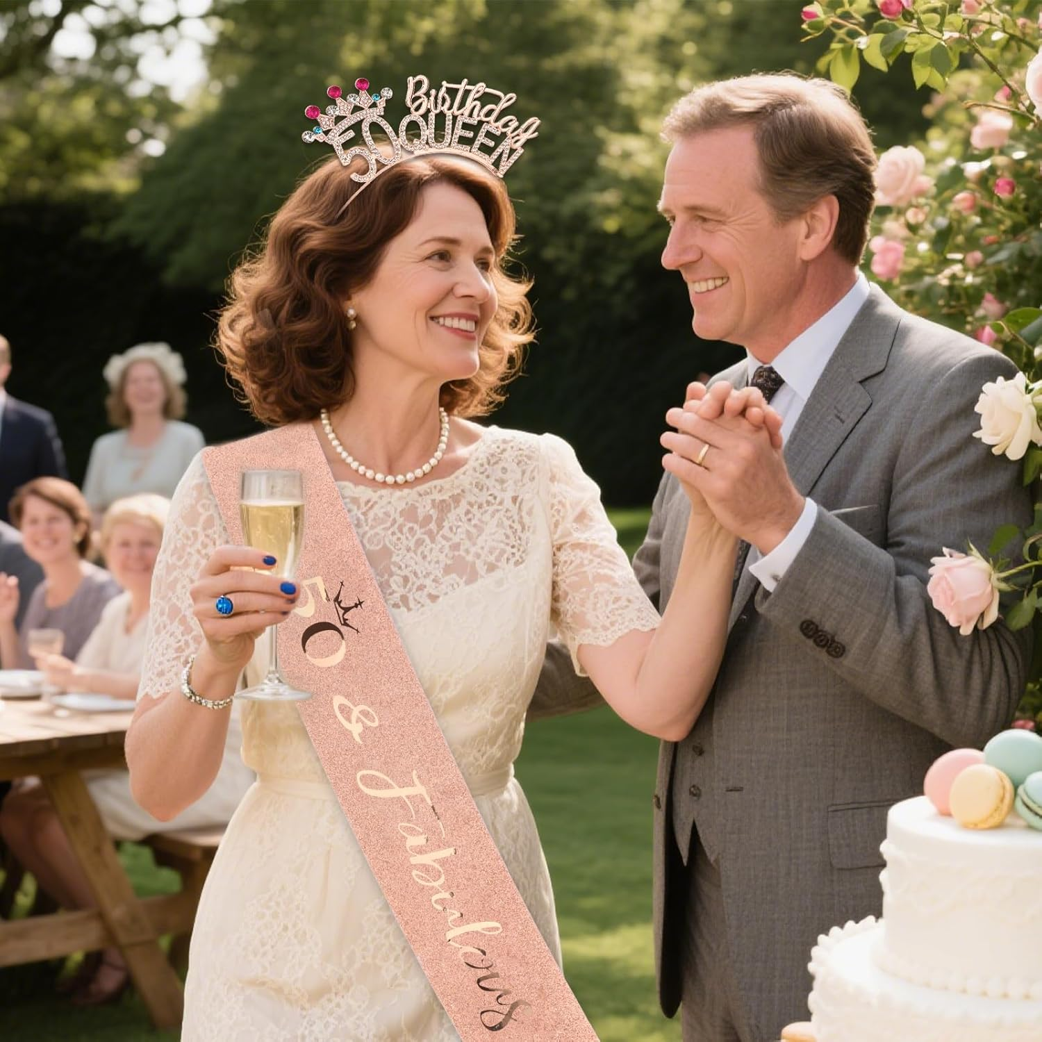 Pruadeor Rose Gold 50Th Birthday Crown Woman 50Th Birthday Headband Glitter Sash for Birthday Party Decoration Gift image number 2