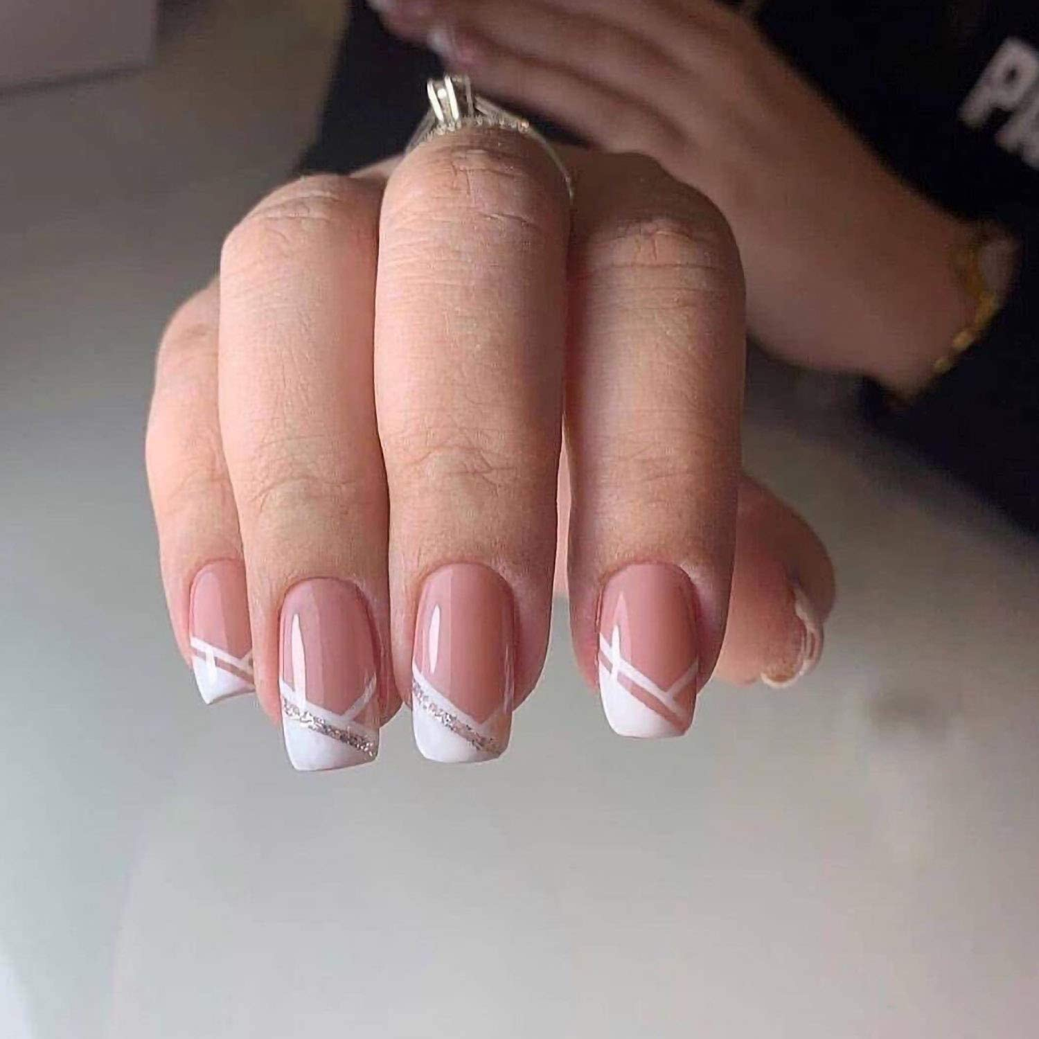 French Short Press on Nails,Pink Hypotenuse Full Cover Artificial Square False Nails for Women Girls Gift on Party(24Pcs) image number 1