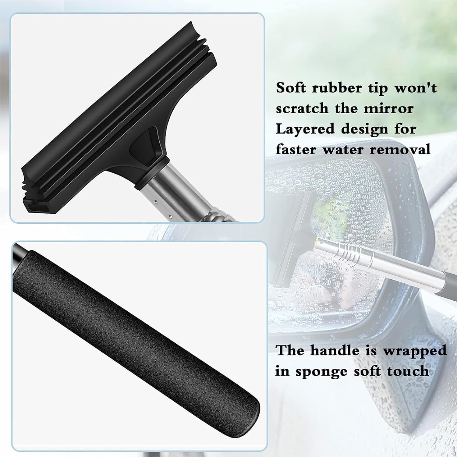 2 Pcs Car Mirror Wiper, 38.6In Handle Car Side Mirror Squeegee, Retractable Car Mirror Squeegee, Side Mirror Squeegee, Mini Squeegee for Rainy Foggy Weather image number 1