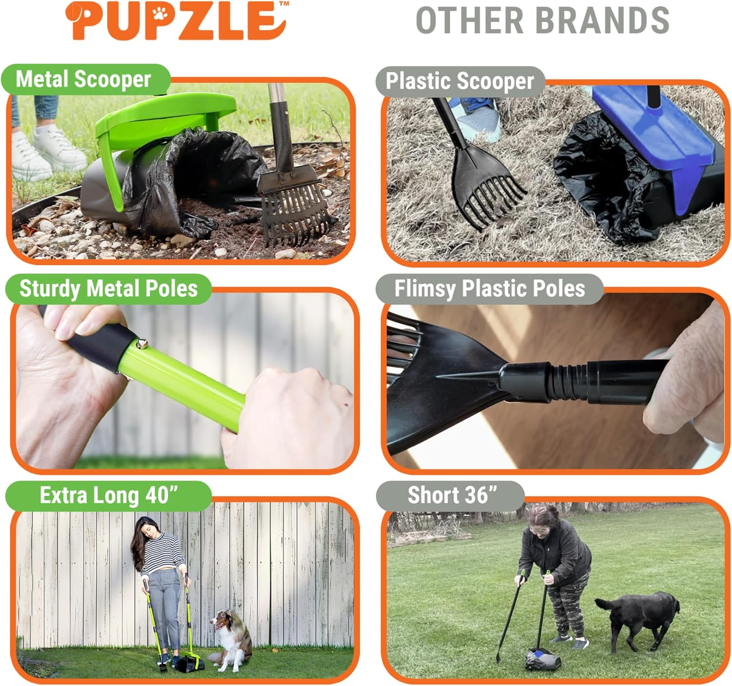 Pupzle Dog Pooper Scooper with Bag Attachment, 39" Adjustable Long Handle Heavy Duty Metal Poop Scoop for Yard, Non-Breakable Swivel Bin and Rake, 25 Waste Bags for Large Dog, Poop Scooper for Dogs image number 6