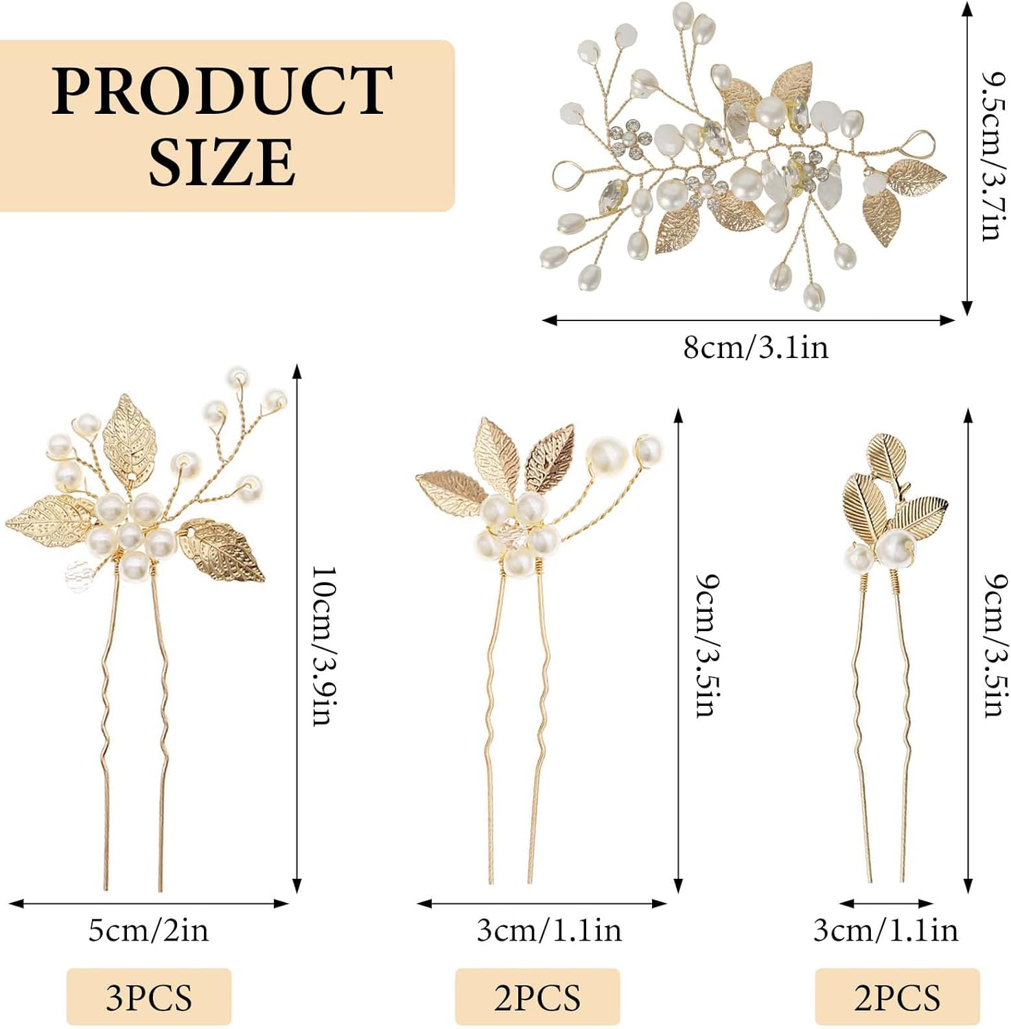 Bridal Wedding Hair Pins, 8 Pcs Bridesmaid Hair Clips, Wedding Hair Vine, Gold Leaf Crystal Pearl Hair Pins, Crystal Pearl Hair Clips Headpiece for Brides Bridesmaids Girls Updo Hair Accessories image number 5