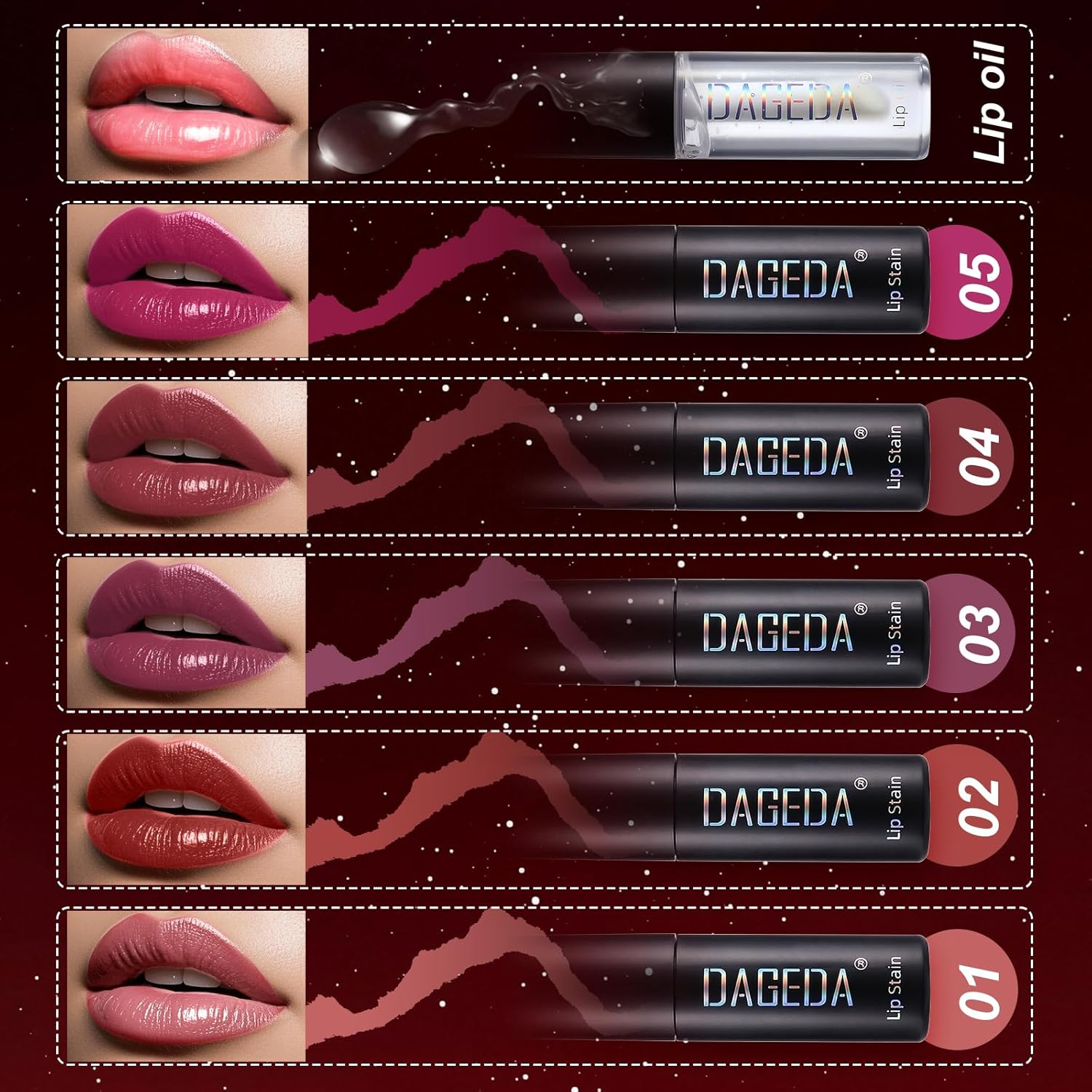 DAGEDA 5 Colors Peel off Lip Stain Set,Tattoo Lip Stain Tint with Moisturizing Lip Oil, Highly Pigmented,Waterproof Long-Lasting Peel off Lip Liner Stain,Matte Finish Lip Makeup image number 5