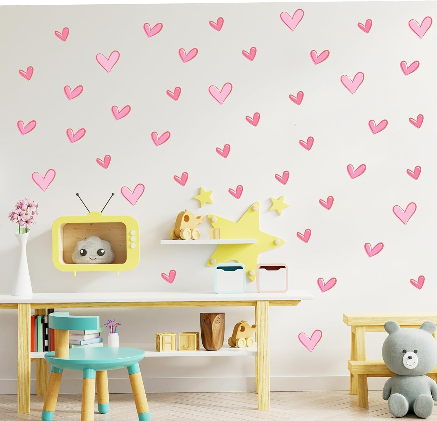84PCS Heart Wall Decals Peel and Stick, Heart Shape Wall Stickers for Girls Room, 84PCS Heart Shape Wall Decals, DIY Removable Pink Wall Stickers for Girls Room image number 1