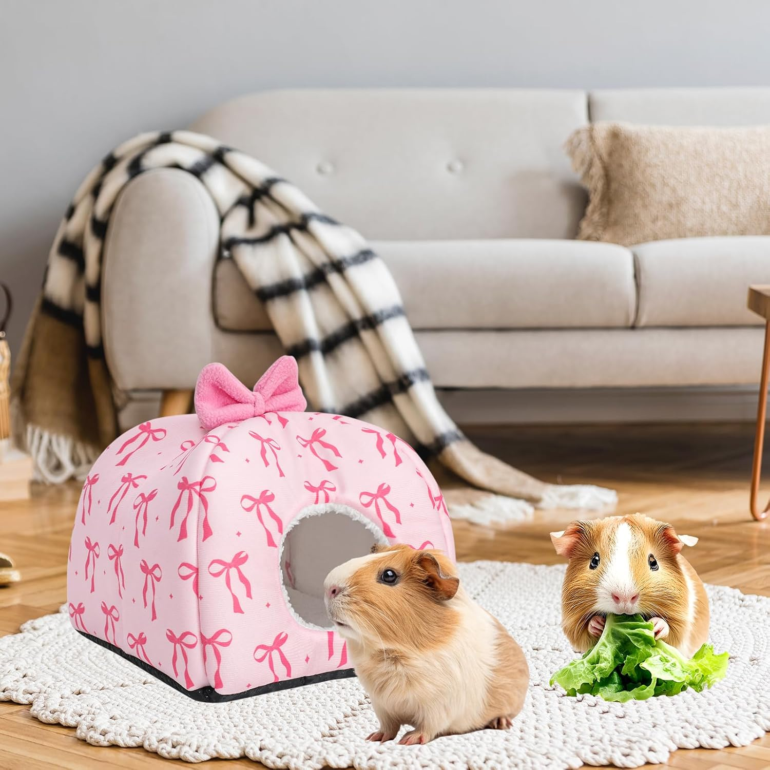 Jarthenaamcs Washable Guinea Pig House Bed Pink Bow Bunny Hideout Cage Accessories Reusable Hideaway for Ferret Hedgehog Small Animal, 9.5 X 9.5 X 8 Inch image number 6