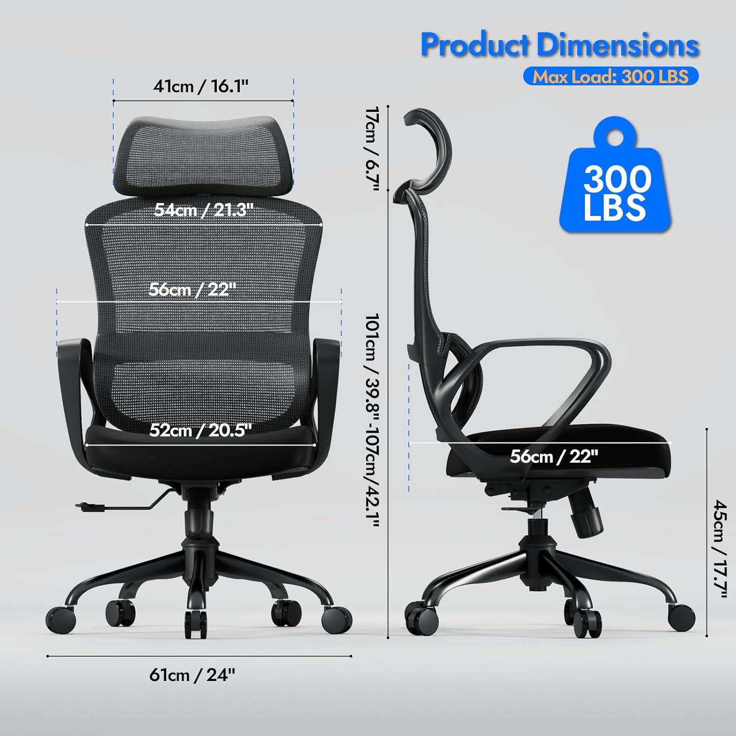 Ergonomic Office Chair, Gaming Chair, Desk Chair with Wide Headrest, Lumbar Support, Mesh Back, 135&deg; Recline, Adjustable Height, Rolling Computer Chair with Easy-Install Legs, Black image number 3