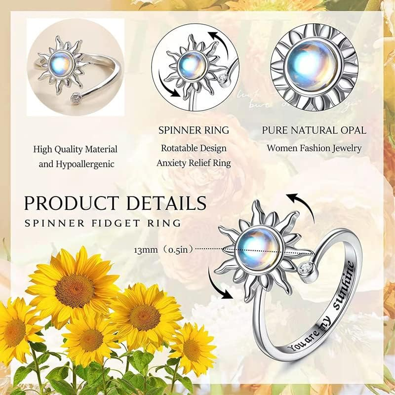 COLORFUL BLING Anxiety Fidget Spinner Ring Fidget Rings for Anxiety Relief Stress Open Adjustable Flower Moon Star Figet Spinning Ring Stackable Ring Fidget Jewelry Women Girls image number 4