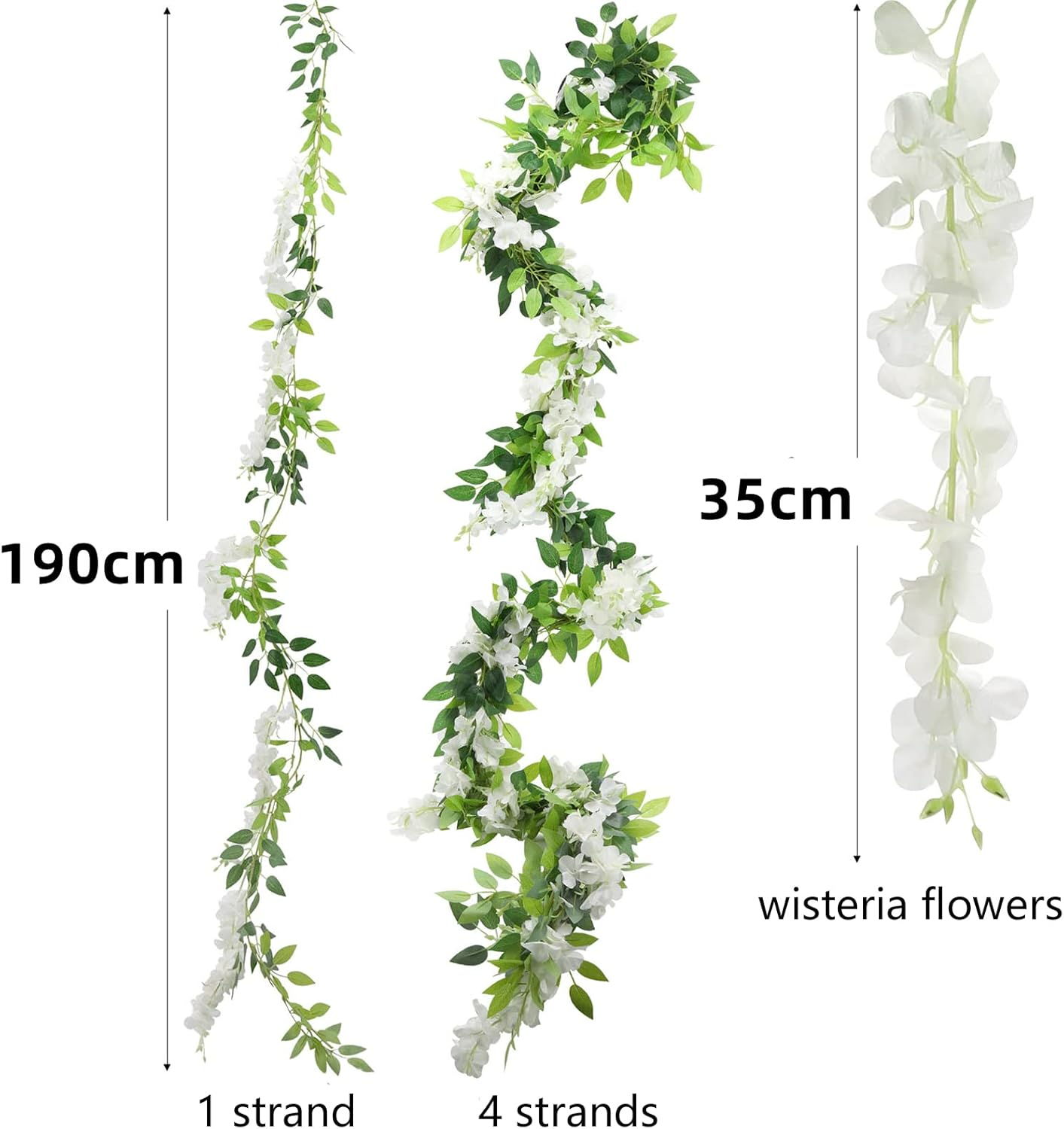 4 Strands of Wisteria Artificial Flowers Garland, Total 7.6 Meter White Artificial Wisteria Vine Silk Hanging Flower for Home Garden Outdoor Ceremony Wedding Arch Floral Decor