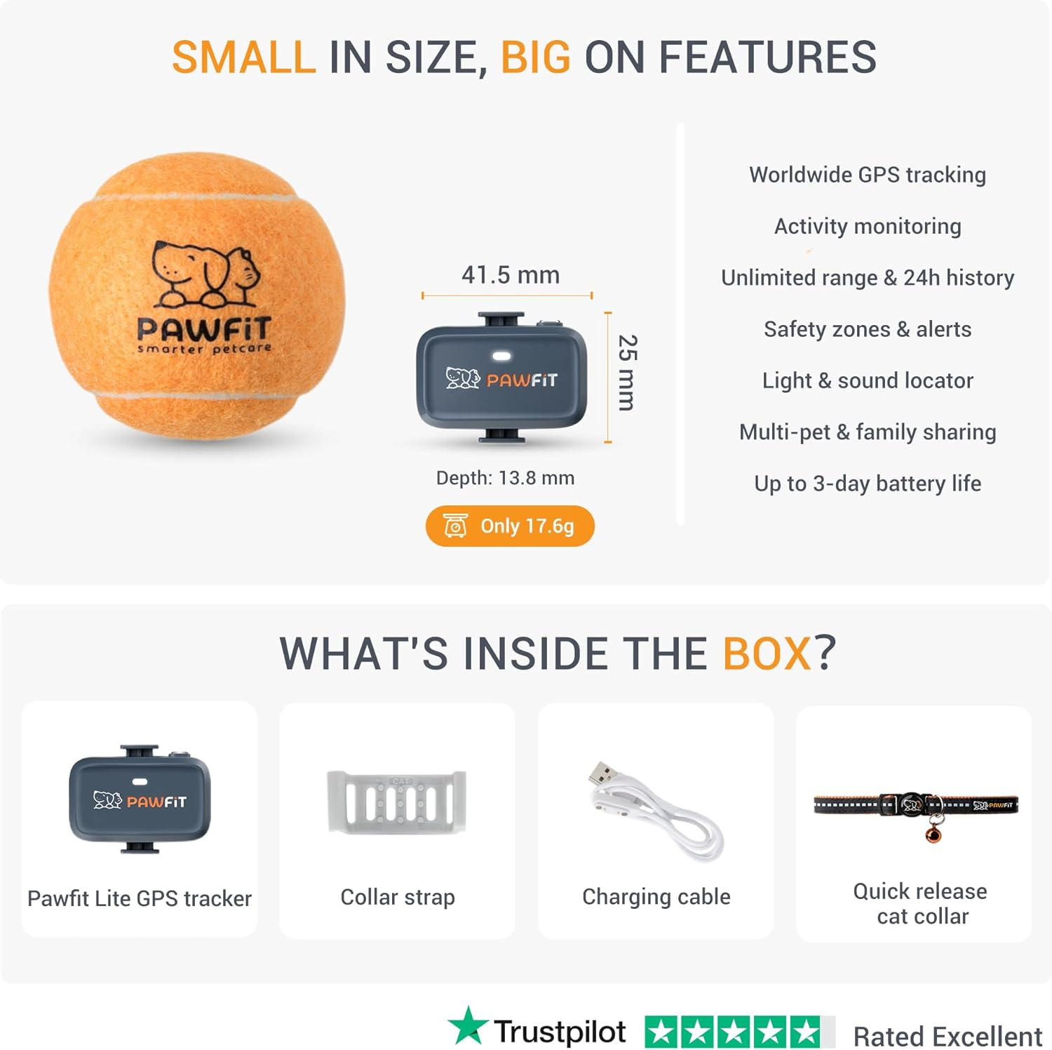 Pawfit Lite for Cats 4G GPS Tracker | Real Time Tracking | Activity Monitoring |Location History | Unlimited Range | Safety Collar Included | Charcoal Grey