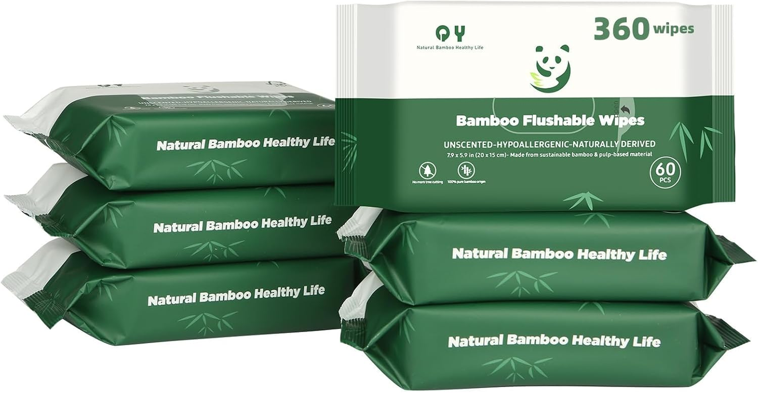 Bamboo Flushable Wet Wipes | Hypoallergenic | Septic Safe | Unscented | Eco Friendly | Soothing Botanicals & Aloe | Travel Size | for Women/Kids/Adults | 360Pk image number 6