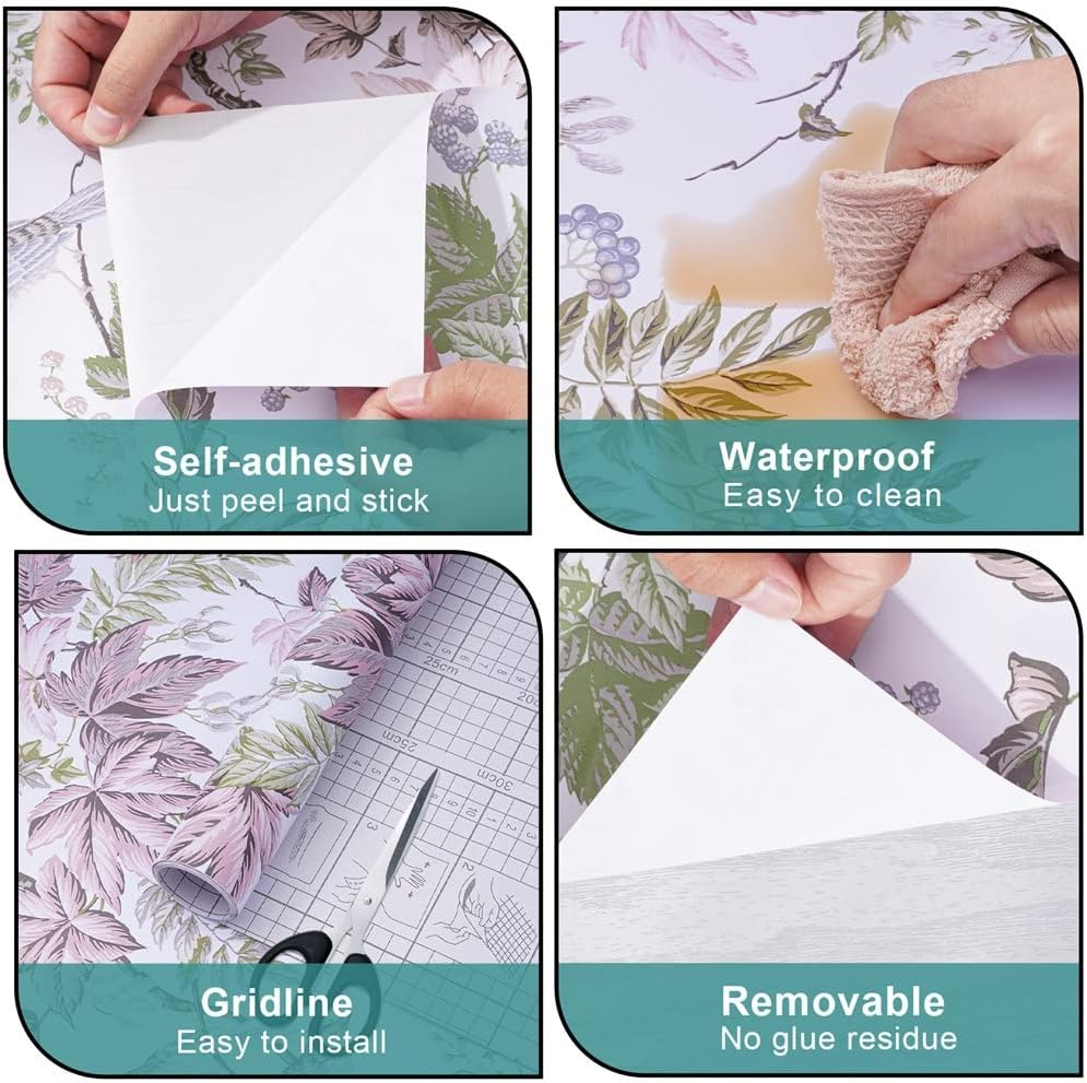 Arthome Peel and Stick Wallpaper Self Adhesive Birds Floral Contact Paper 43.5X305Cm Wall Paper Removable Decorative Vinyl for Room and Furniture Decoration. image number 3