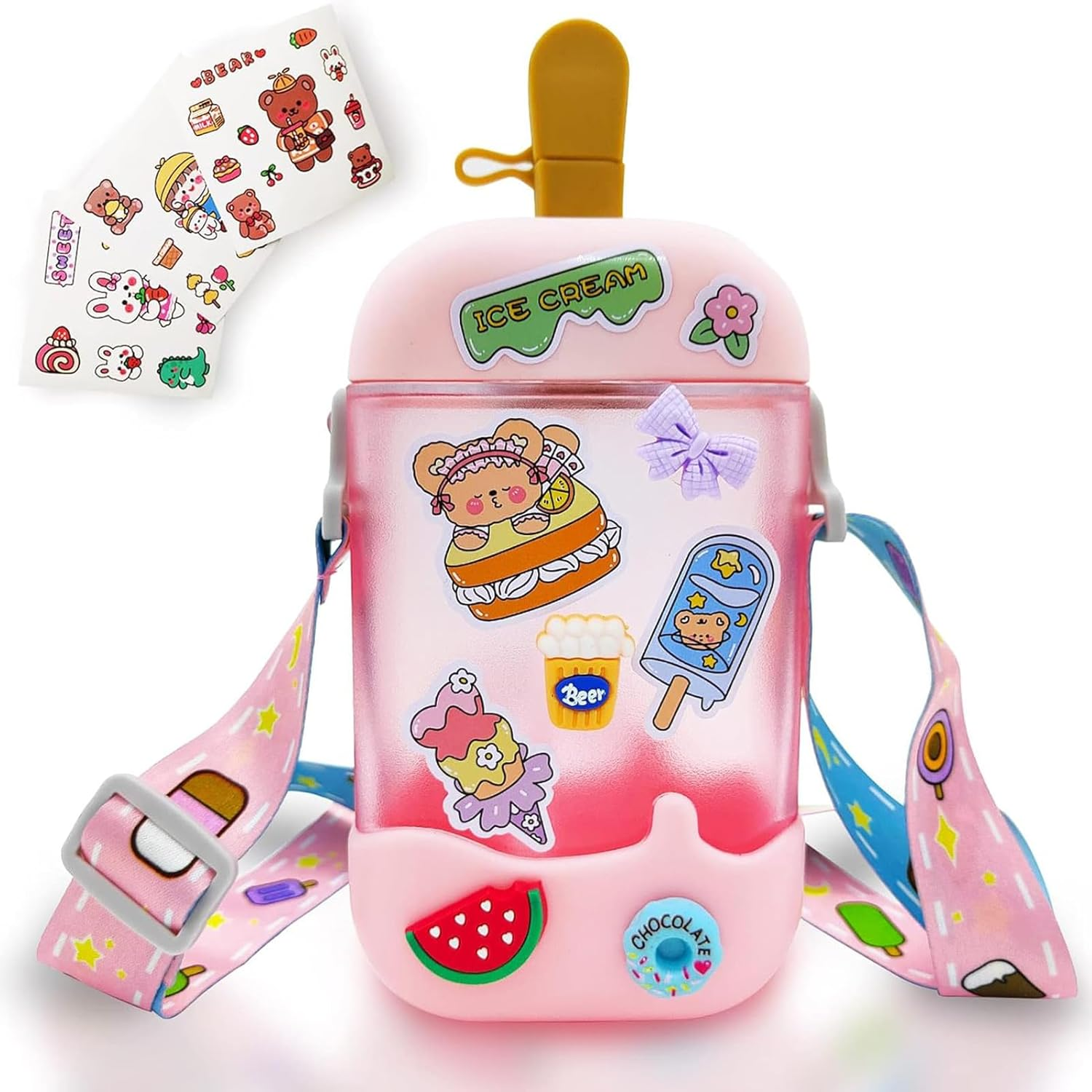 Kawaii Water Bottle Cute Ice Cream Water Bottles with Straw, Kawaii Popsicle Water Bottle with Adjustable Shoulder Strap and Stickers, Popsicle Cup for School Girls and Boys, Bpa-Free 400Ml (Pink)