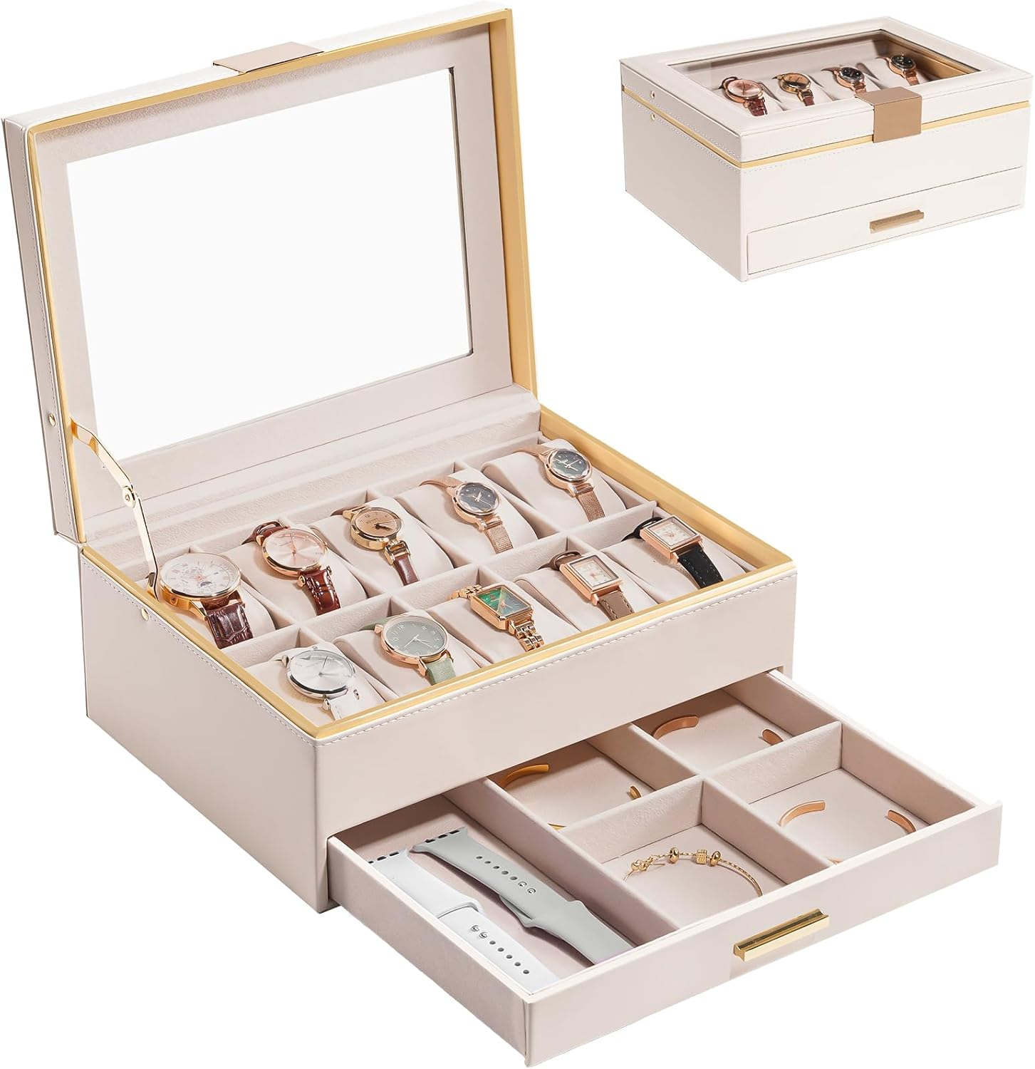 Procase Watch Case for Women, 10 Slot Watch Display Case with Drawer, 2-Layer Womens Watch Box, 10 Watch Box Organizer, Jewelry and Watch Holder Storage Case with Glass Lid -Beige