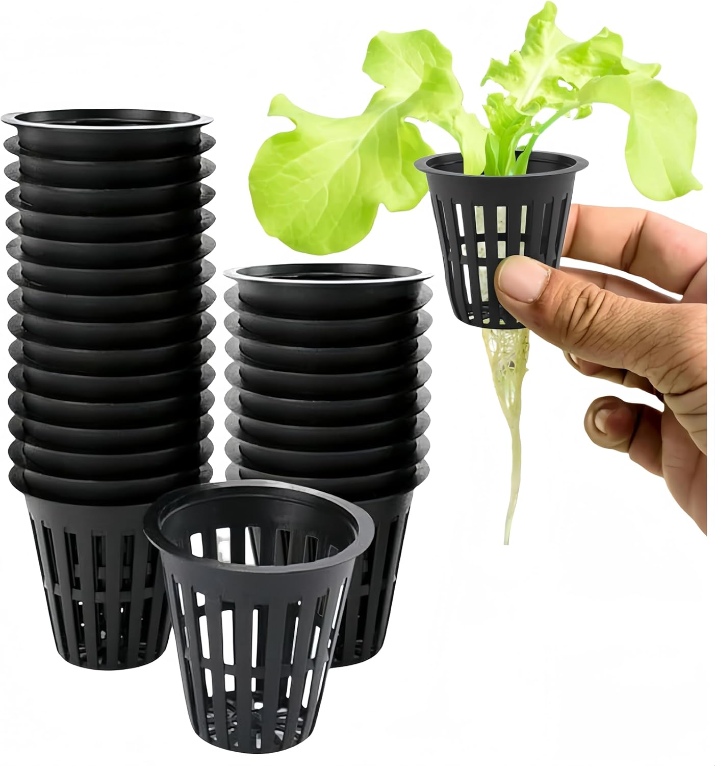 50 PCS Garden Slotted Mesh Net Cups,5 Cm Hydroponics Plant Grow Net Cup,Round Heavy Duty Net Cups Pots, Wide Lip Bucket Basket Pot Cups for Hydroponics Aquaponics (Black) image number 2