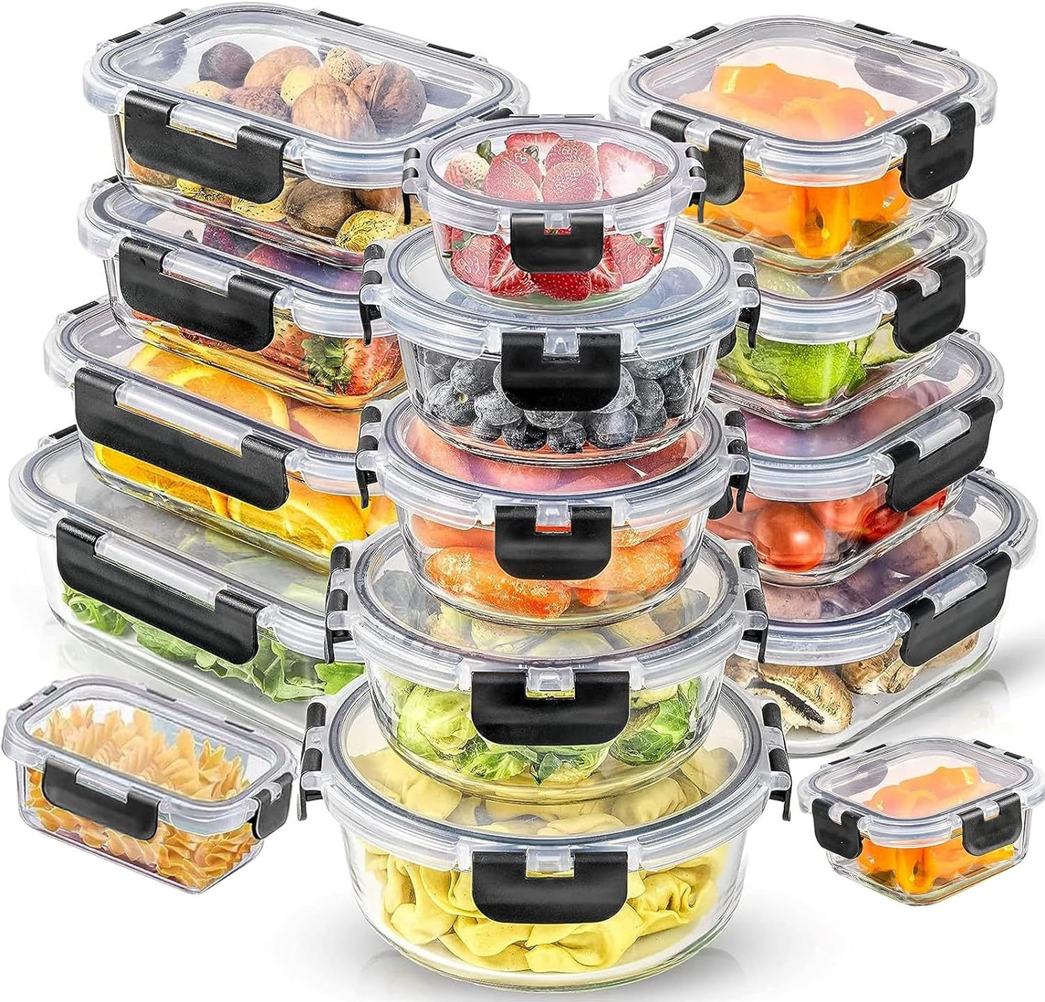Stusgo 15 Pack Glass Food Storage Containers with Lids, Airtight Leak Glass Meal Prep Glass Containers, 3 Size Lunch Glass Containers, BPA Free，Reusable for Kitchen Organization (15 Pcs Black)