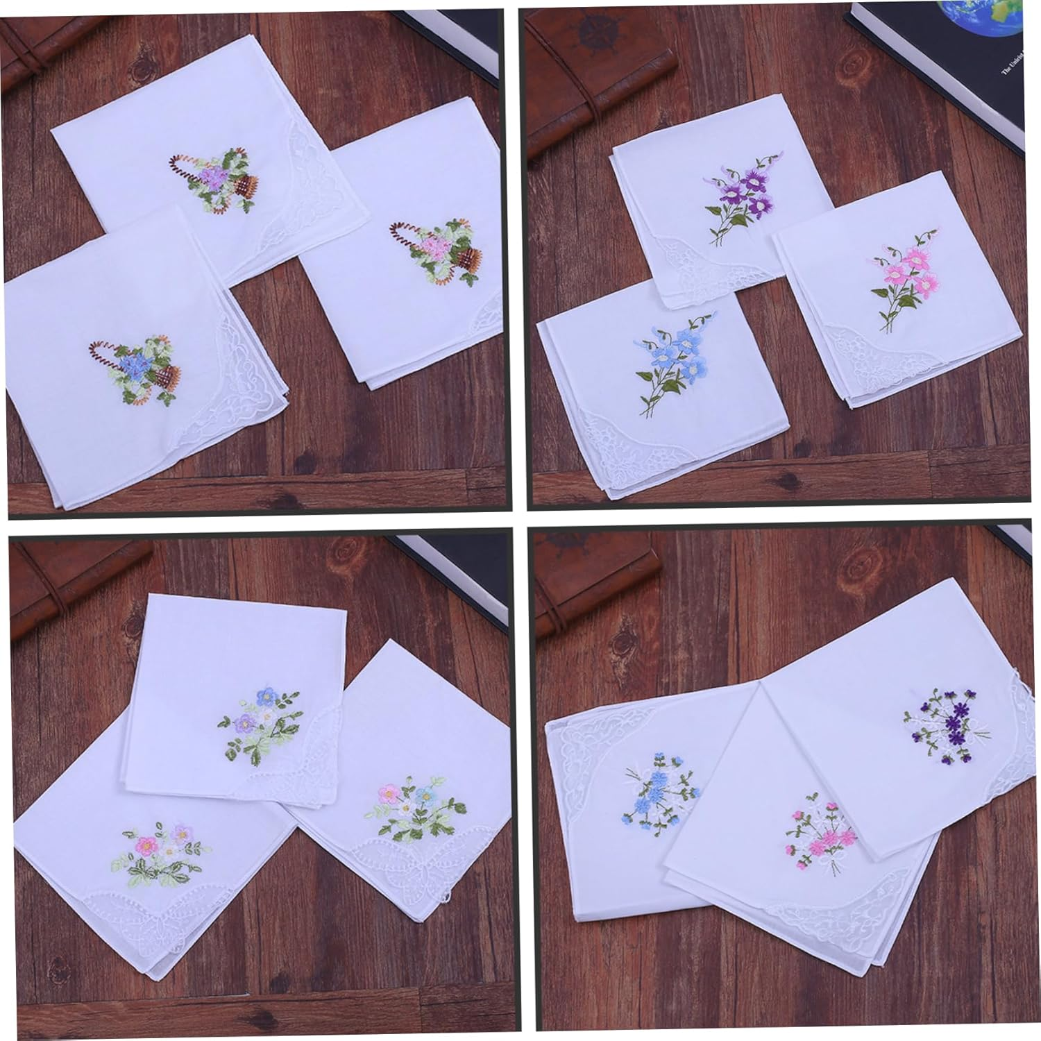 Handkerchiefs for Women 12PCS Pocket Square 11X11Inch Cotton Flower Embroidered Handkerchief with Lace White Hankies for Women Tea Favors, Random Type image number 2