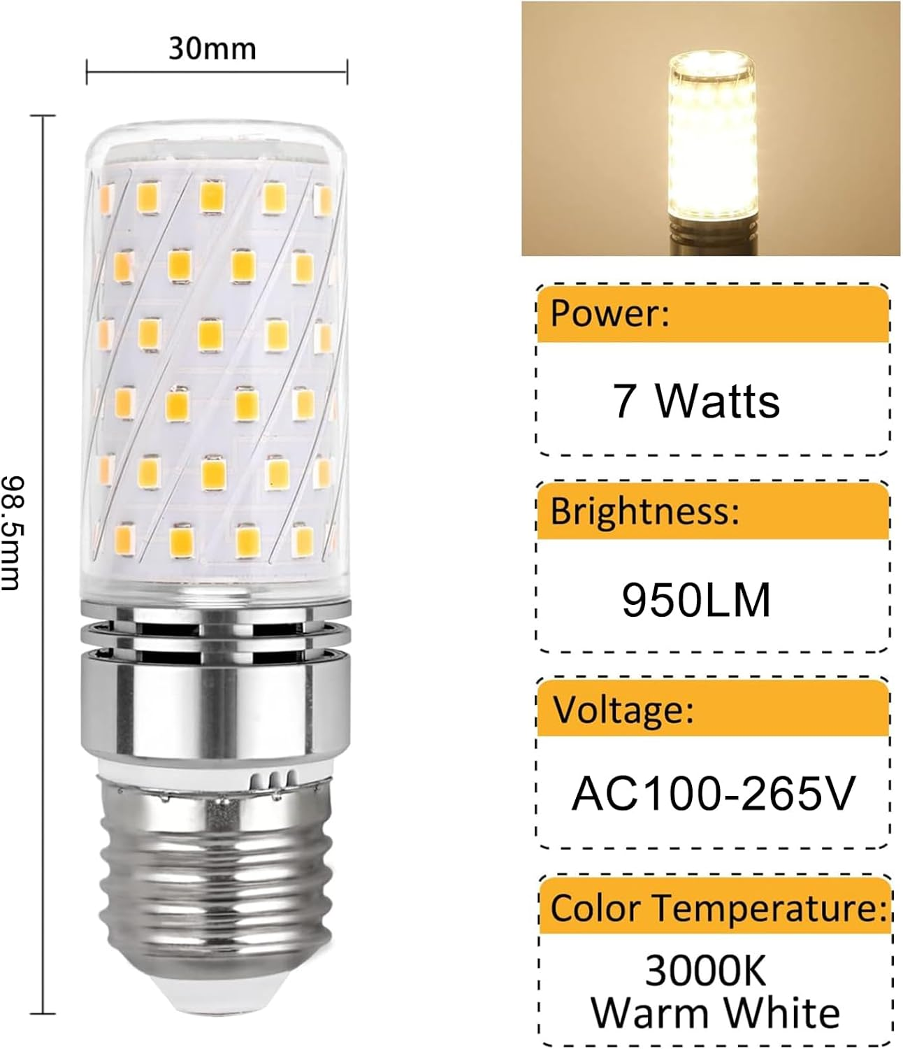MATCHEASY E27 LED Corn Bulb 7W (75W Halogen Equivalent), Warm White 3000K, 950LM, CRI80, AC100-265V, Non-Dimmable Edison Screw Light Bulbs for Home Indoor Lighting, 2-Pack image number 5