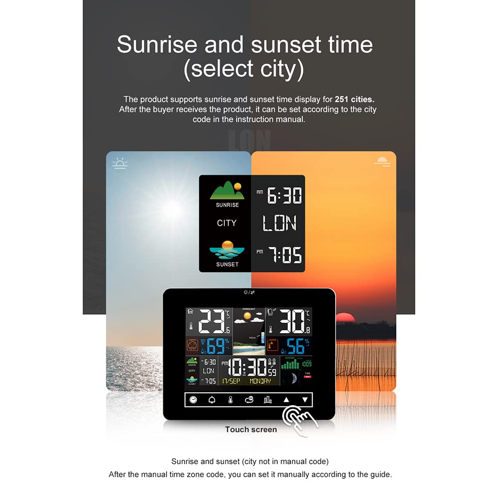 Weather Station, Sunrise and Sunset Weather Station Multi-Function Alarm Clock Thermometer Hygrometer Touch Screen Operation with Wireless Outdoor Sensor image number 2