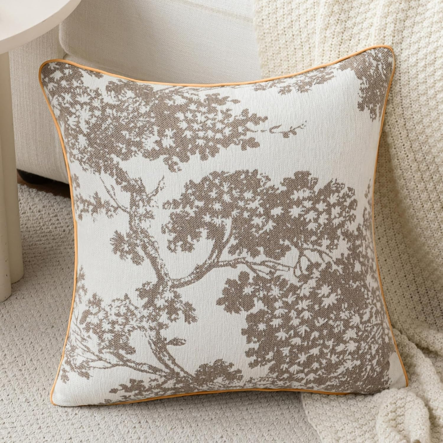 Floral Throw Pillow Covers 45X45 Cm Set of 2 Taupe and White Decorative Pillow Covers for Couch Bed Living Room William Morris Luxury Chenille Jacquard Pillow Cases image number 2