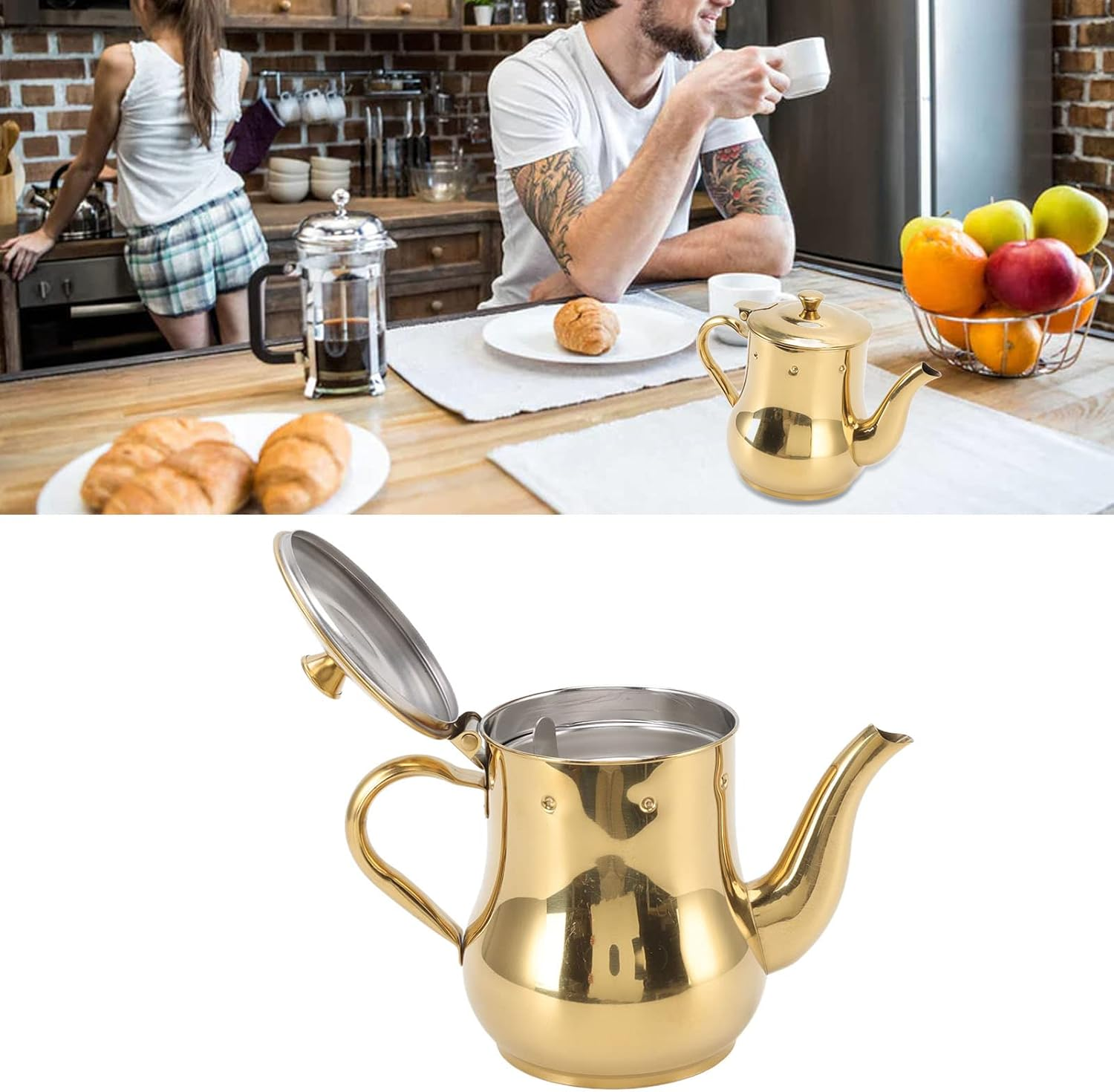 Teapot, Mesh Filter, Non-Toxic Stainless Steel Coffee Tea Kettle for Home (Gold) image number 3