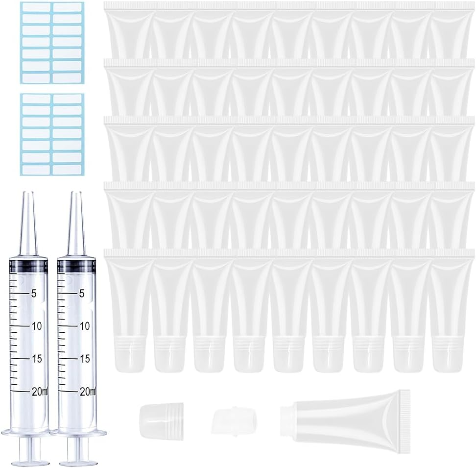 AMORIX 50PCS 5Ml Refillable Lip Gloss Tubes Empty Soft Cosmetic Tubes Lip Balm Containers for Women Girls Cosmetic Sample DIY with Free Syringe + Tag Labels Stickers image number 3