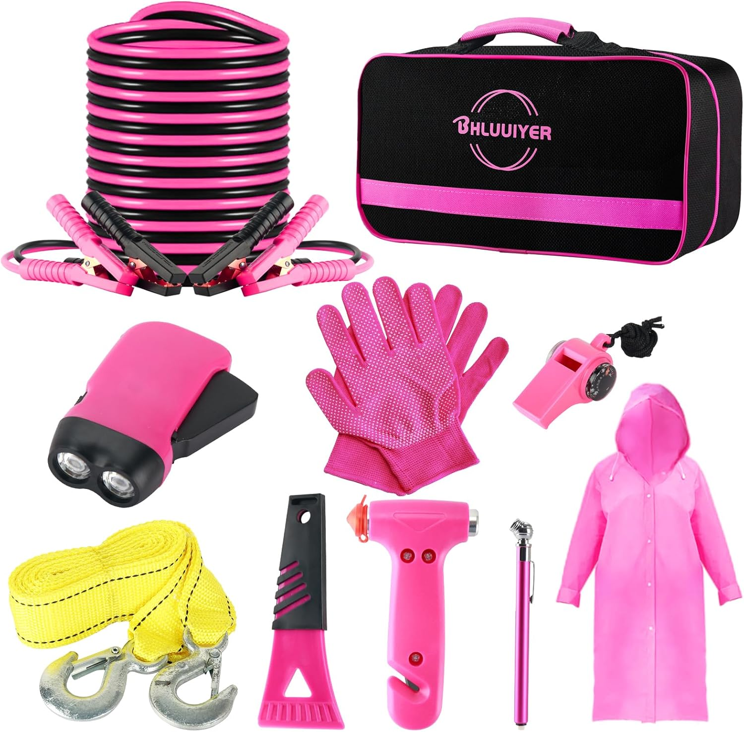 BHLUUIYER Car Emergency Kit, Pink Roadside Emergency Car Kit with Jumper Cables, Tow Rope, Safety Hammer, Pink Car Accessories for Women image number 5