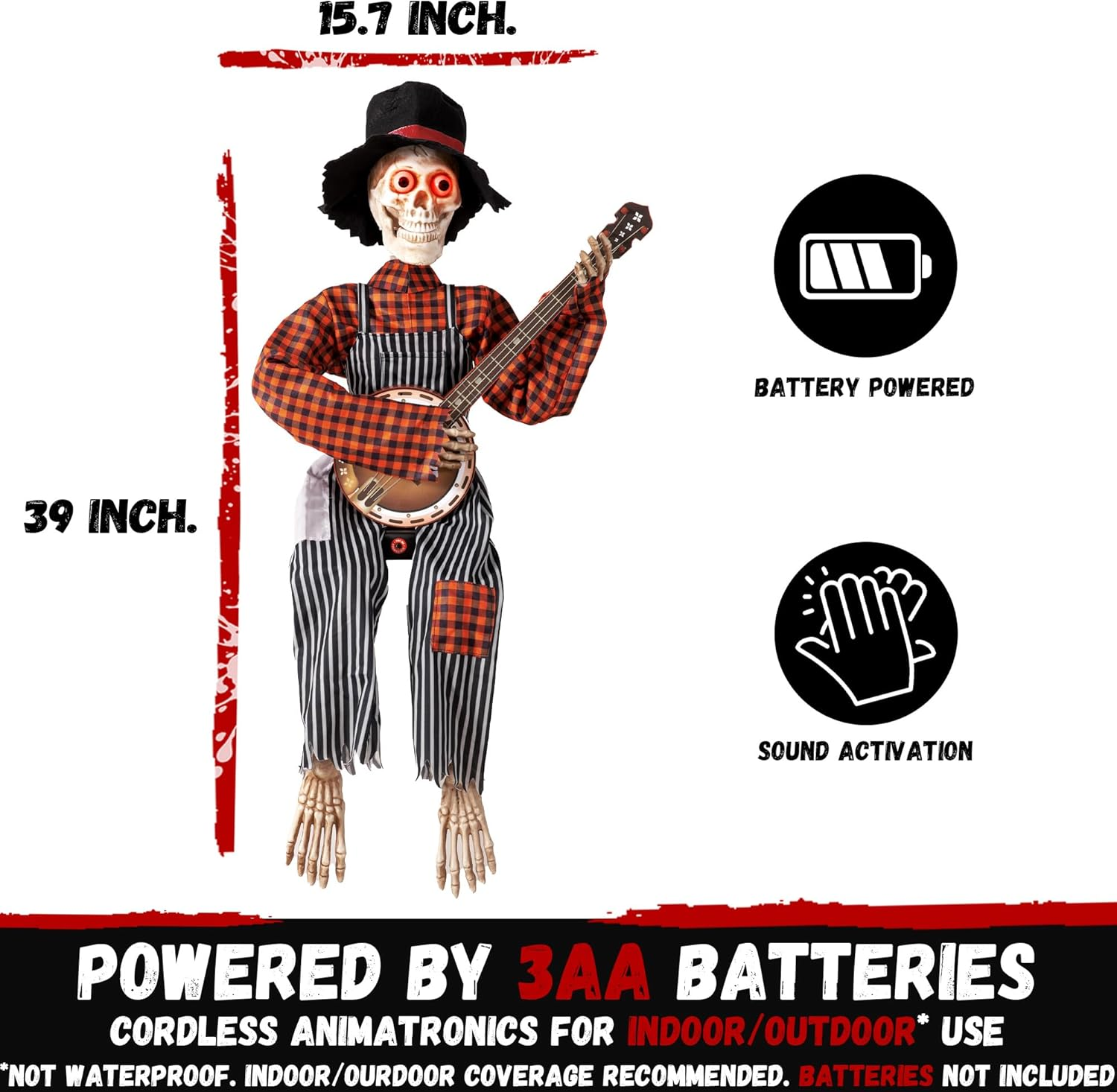 Halloween Animatronics Banjo Skeletons - Animated Skeleton Decorations with Sound Activated, Funny Voice Light up Eyes Playing Motion Musical Prop Decor for Indoor/Outdoor, Guitar Skull,(Gs01) image number 2