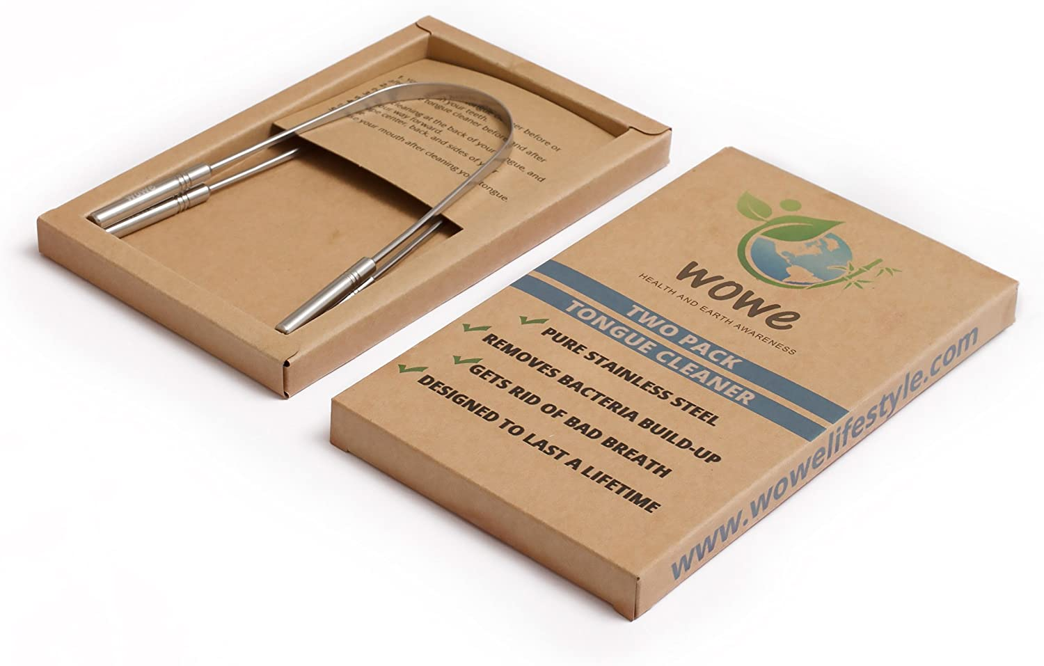 Tongue Scraper Cleaner (2 Pack) - Metal - Get Rid of Bacteria and Bad Breath - by Wowe Lifestyle Products Stainless Steel image number 3